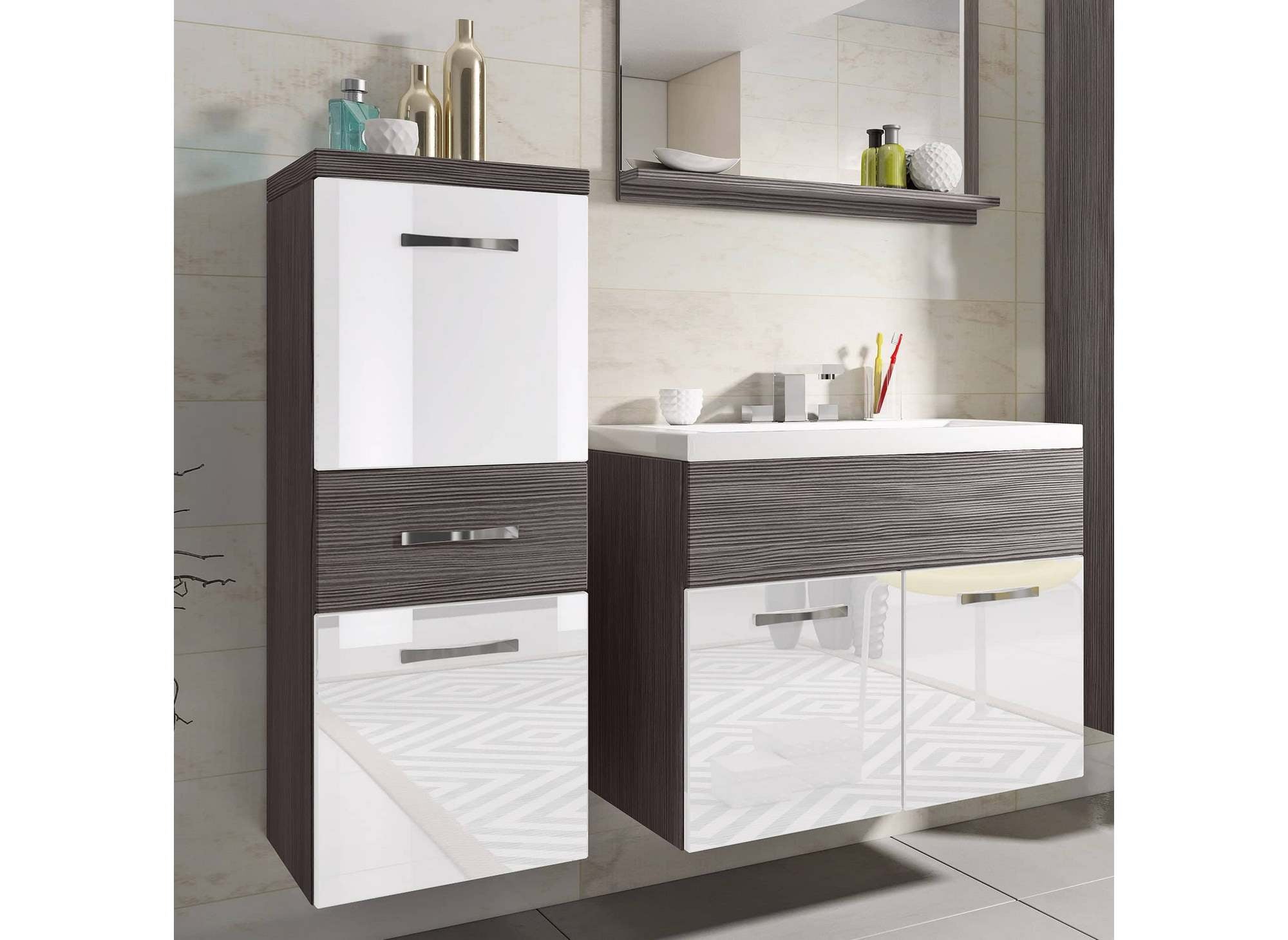 Ensemble meubles salle de bain suspendu - Gris foncé et blanc SHELBY