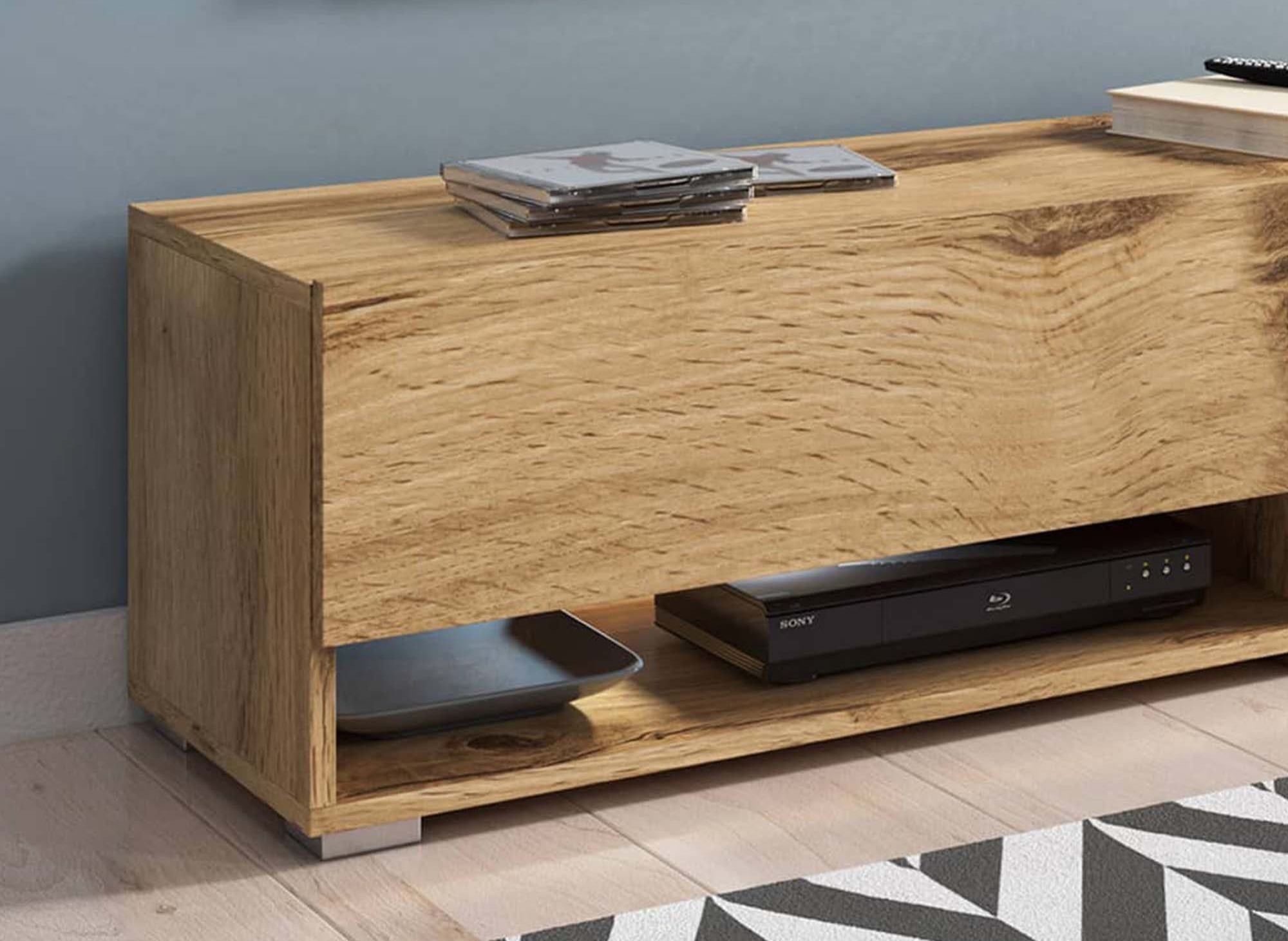 Meuble TV suspendu 2 portes 2 niches en chêne ROMANE XL - 140 cm