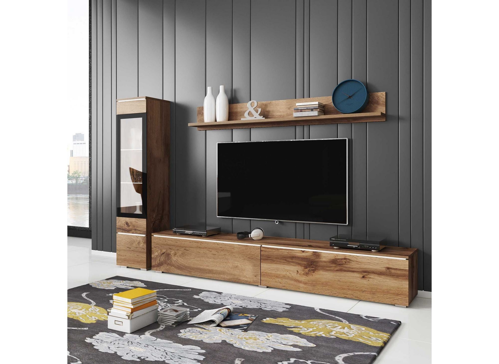 Meuble TV contemporain chêne vieilli avec LED - VERONICA