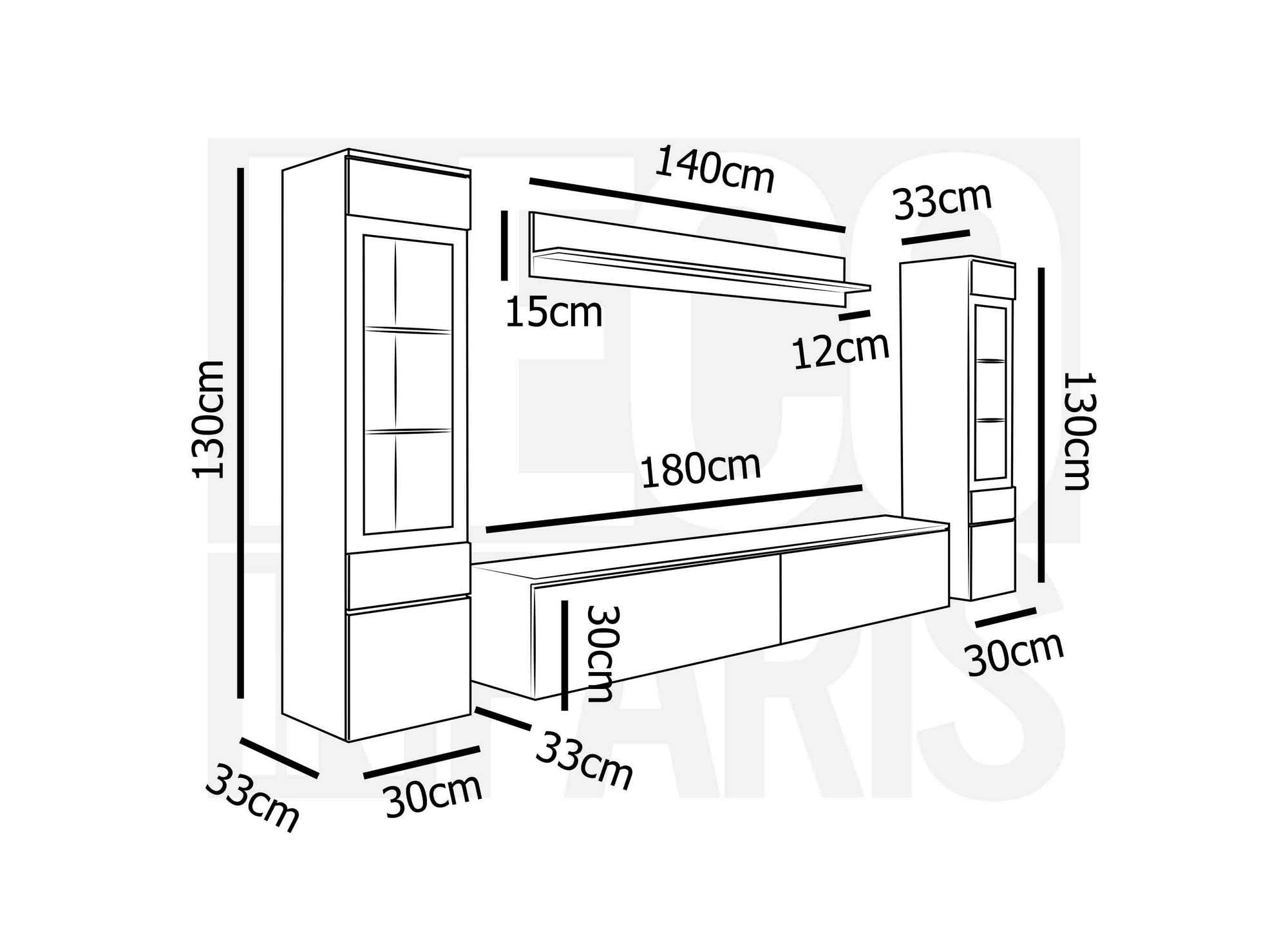 Meuble TV contemporain gris béton et blanc laqué avec LED - VERONICA XL