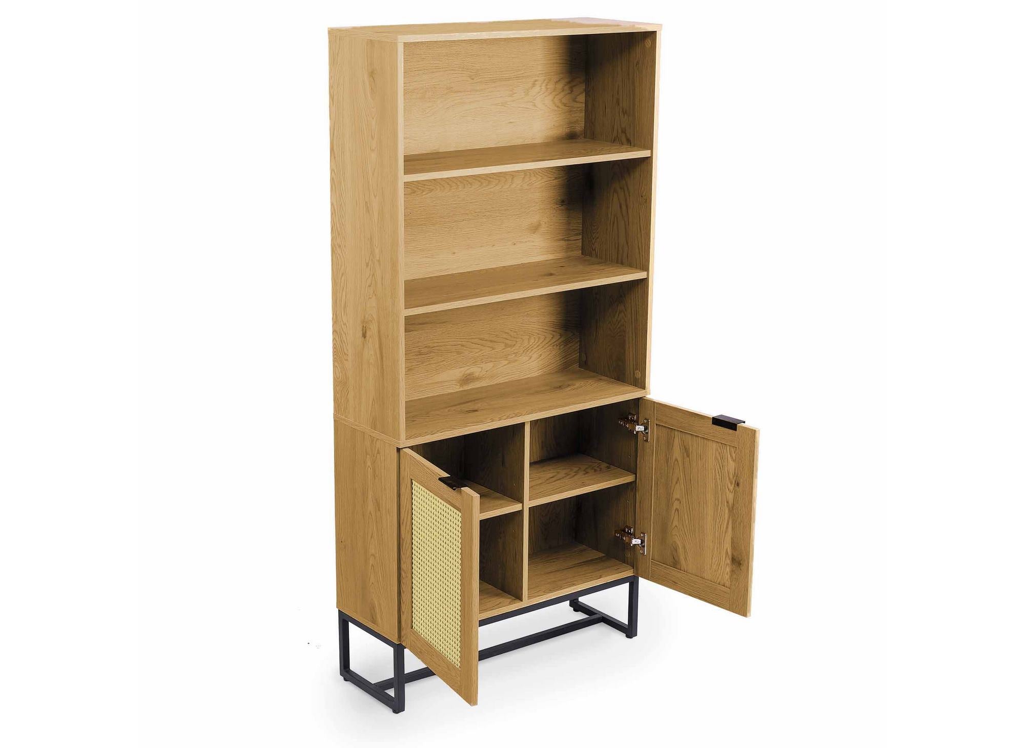 Bibliothèque scandinave 2 portes 2 étagères en bois métal et cannage TULLIO