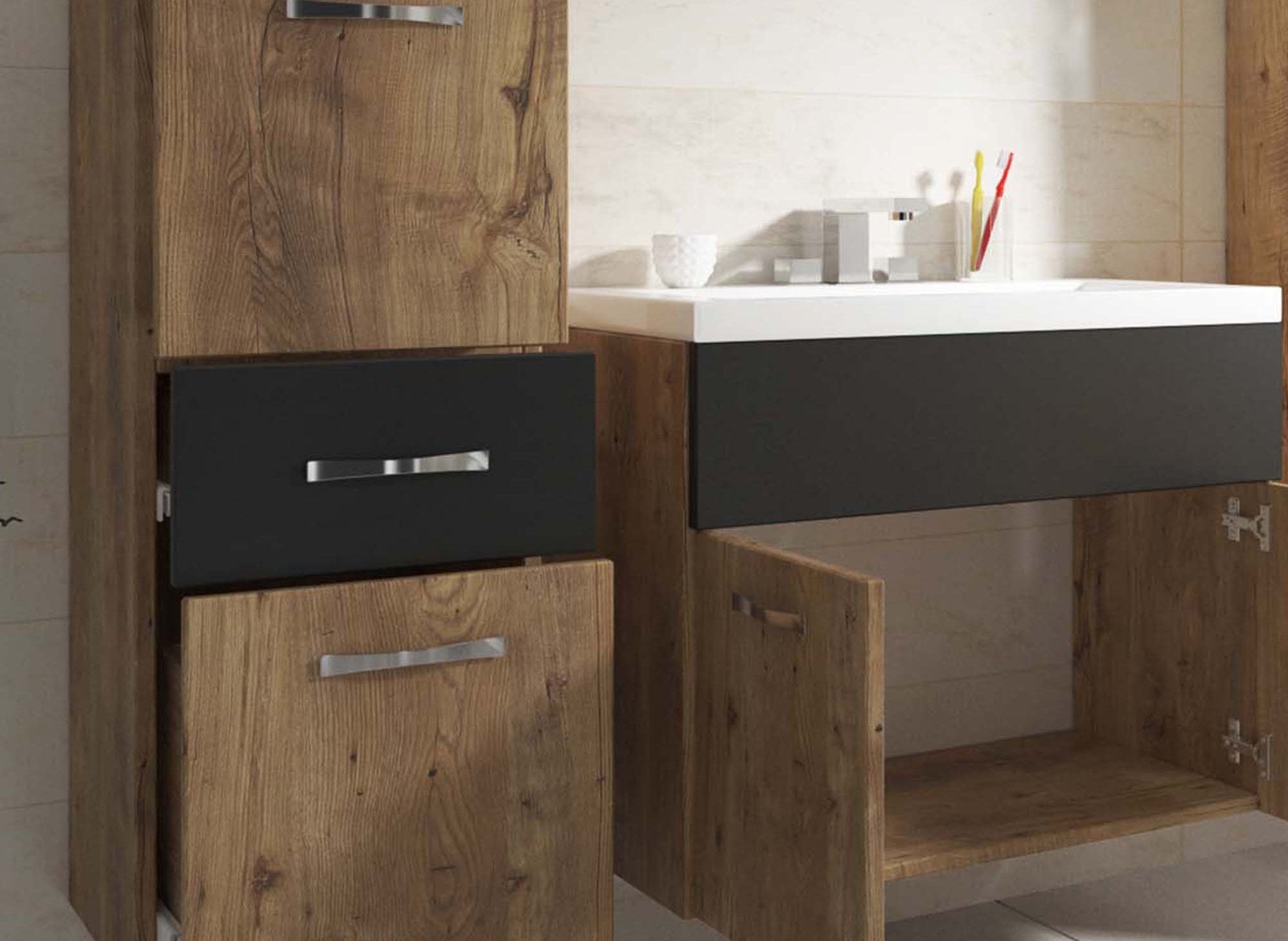 Ensemble meubles salle de bain suspendu - Bois effet chêne et noir SHELBY