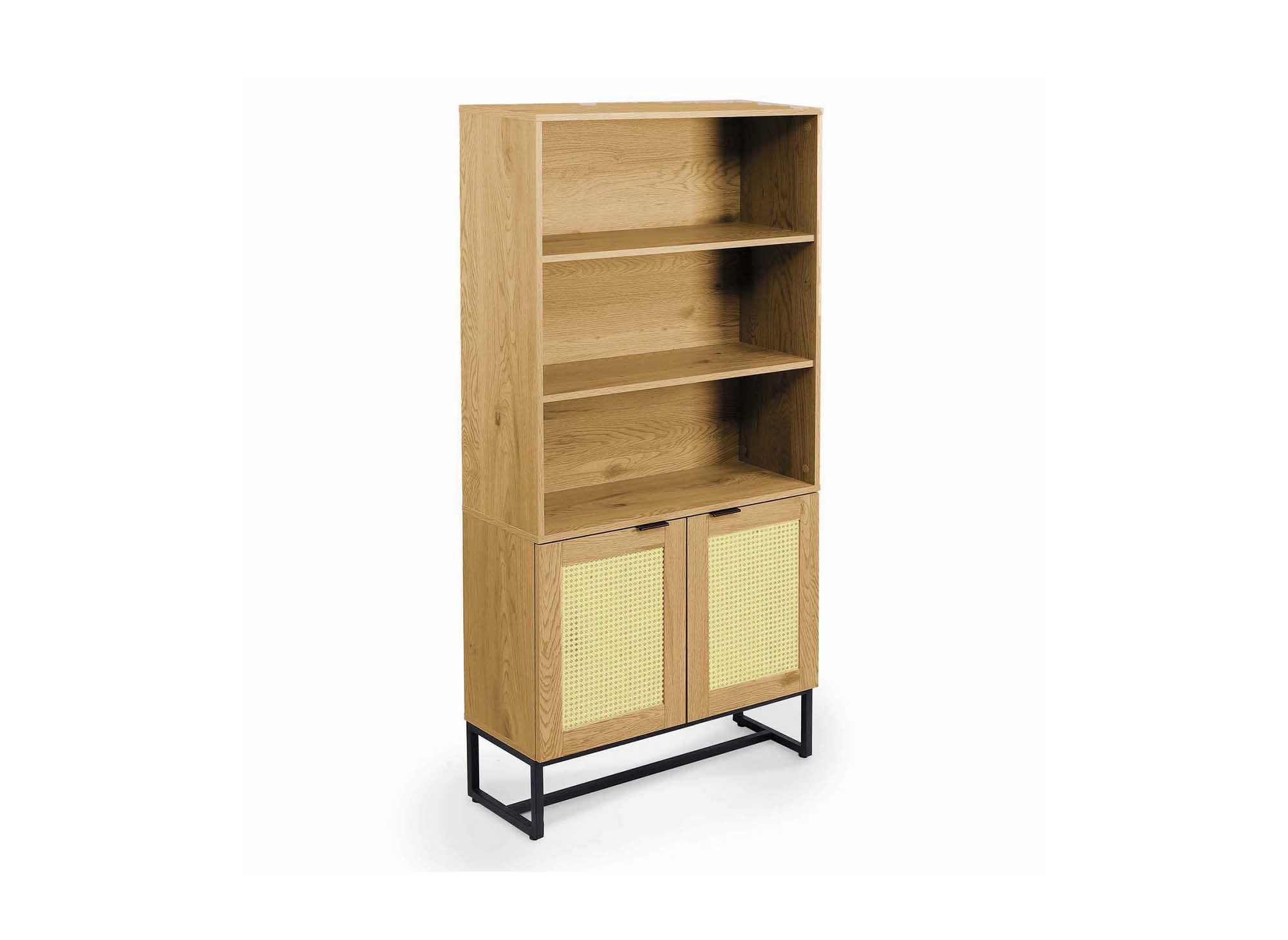 Bibliothèque scandinave 2 portes 2 étagères en bois métal et cannage TULLIO