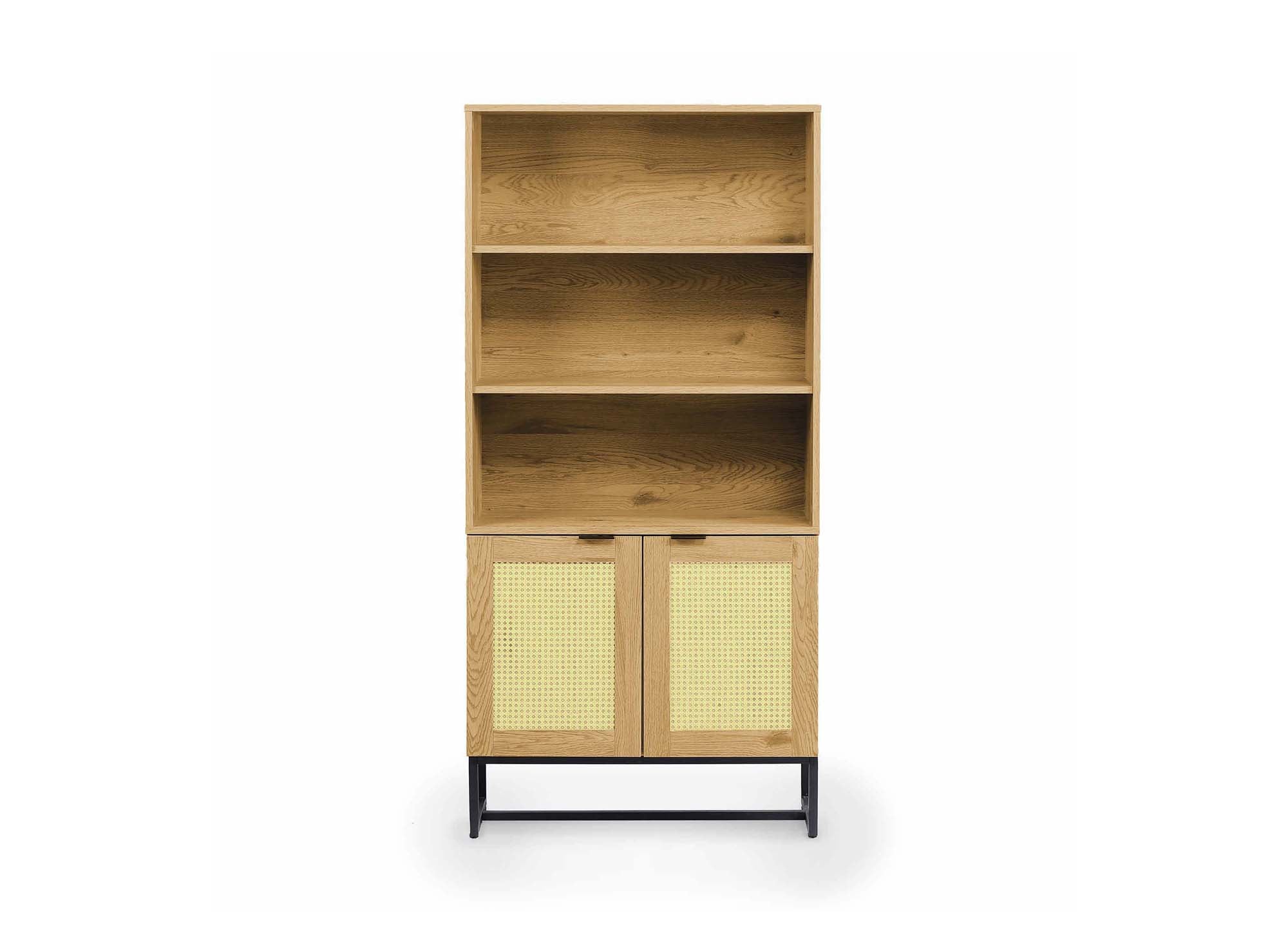 Bibliothèque scandinave 2 portes 2 étagères en bois métal et cannage TULLIO