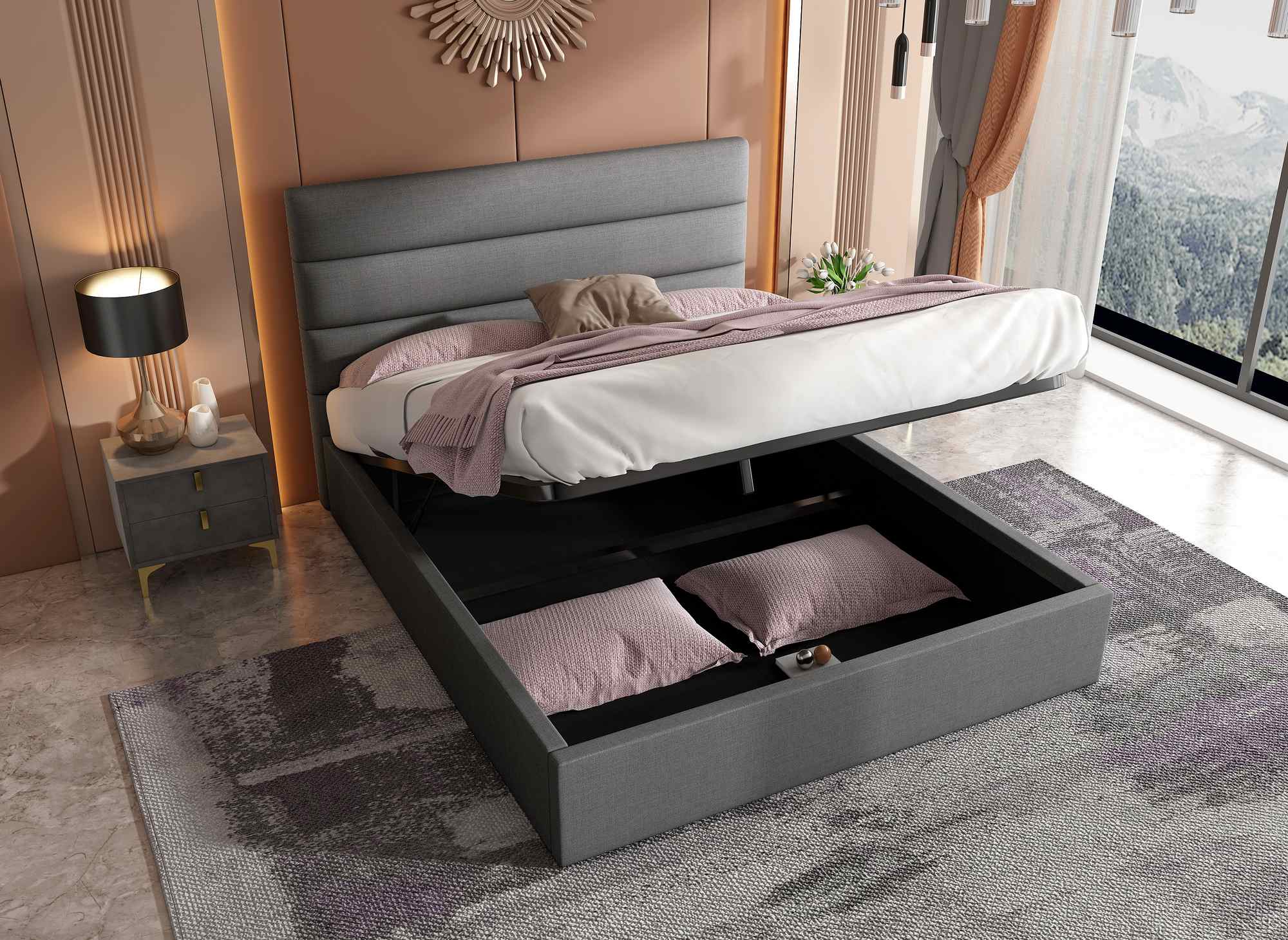 Lit coffre en tissu lin gris 180 x 200 cm SHANNA