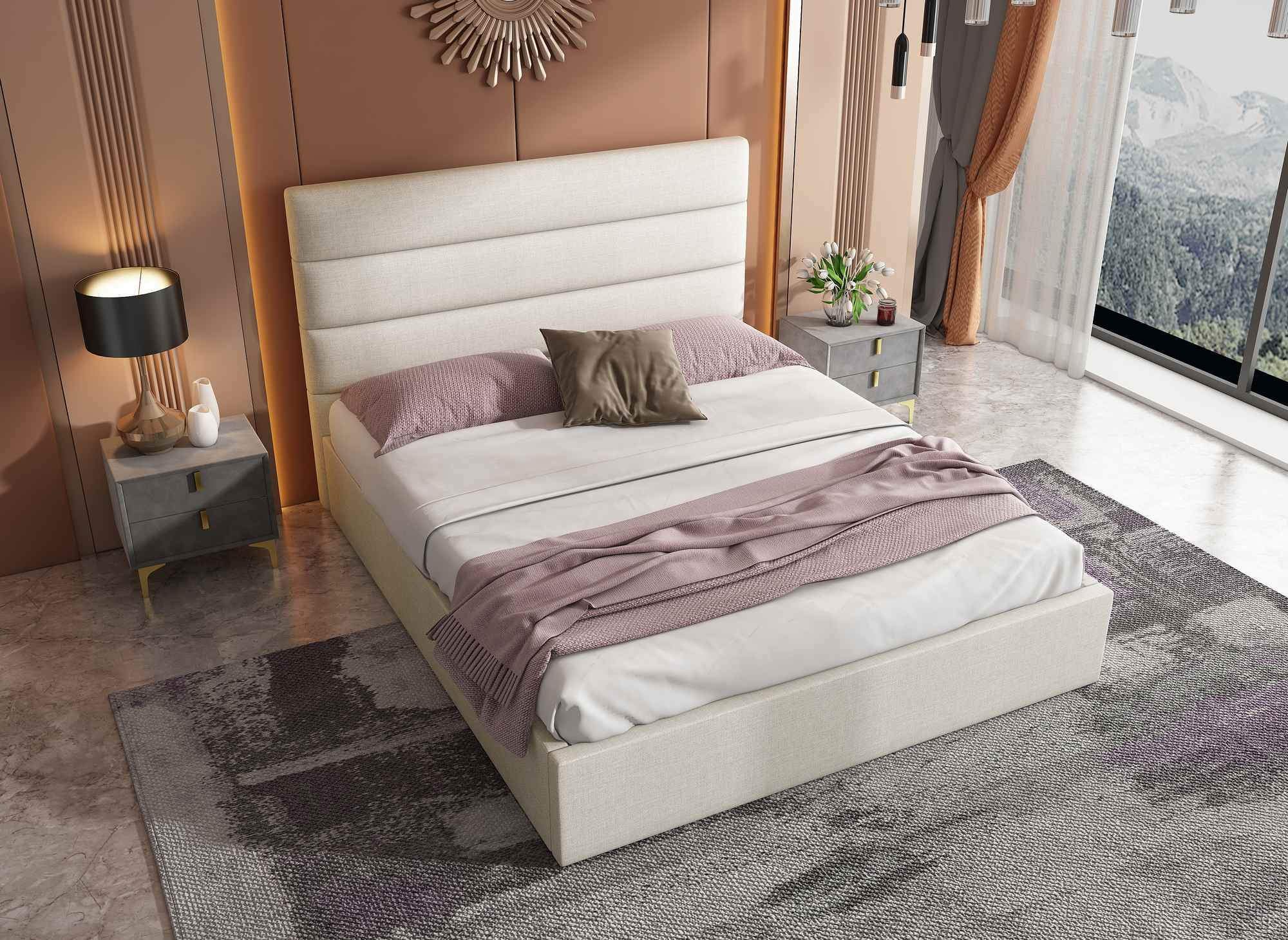Lit coffre en tissu lin beige 140 x 190 cm SHANNA