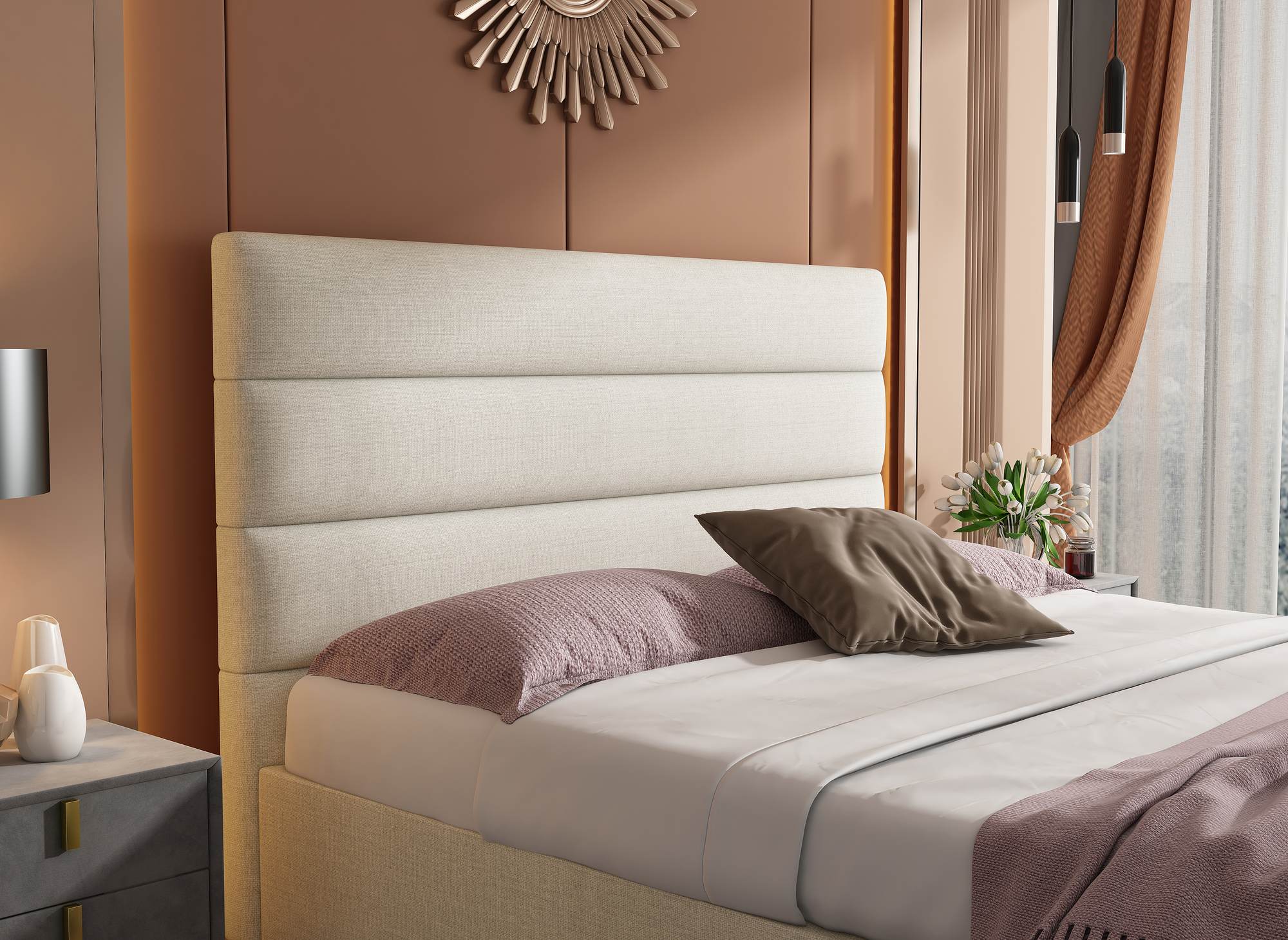 Lit coffre en tissu lin beige 160 x 200 cm SHANNA