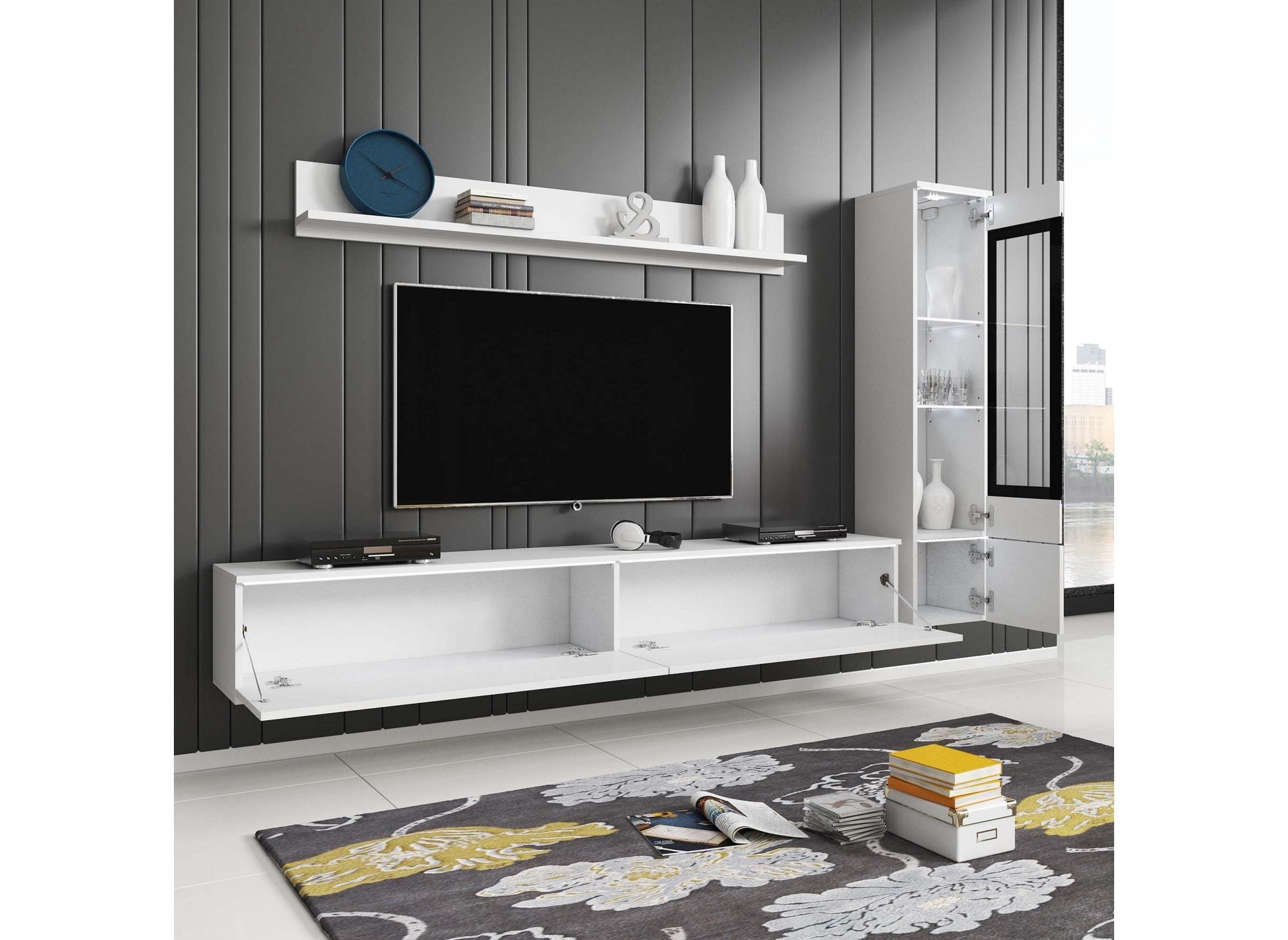 Meuble TV contemporain blanc laqué avec LED - VERONICA