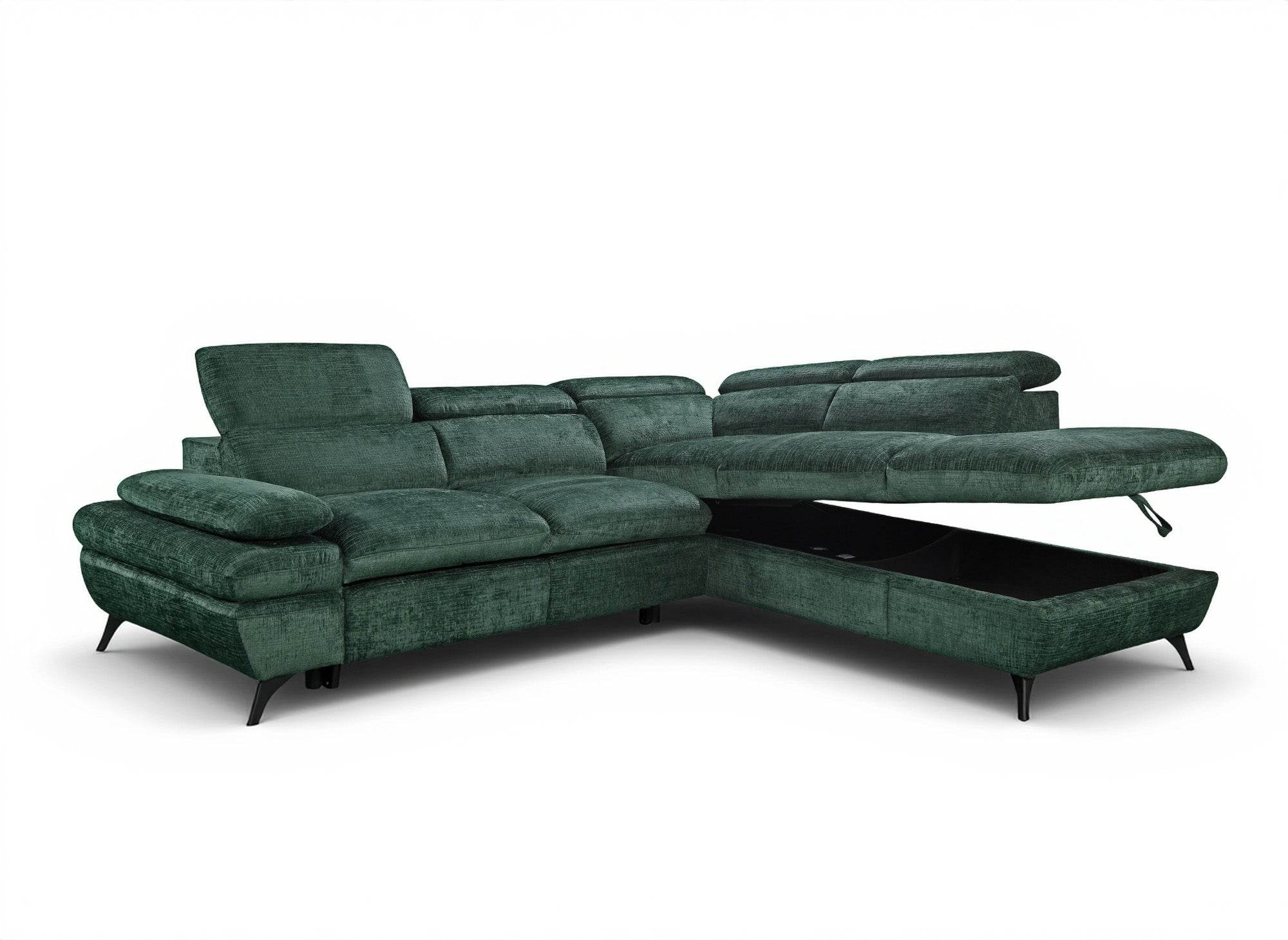 Canapé d'angle convertible avec coffre en velours chiné vert LUFY - Angle droit