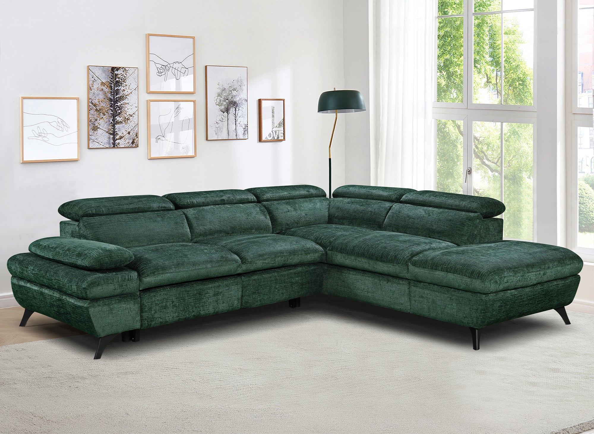 Canapé d'angle convertible avec coffre en velours chiné vert LUFY - Angle droit