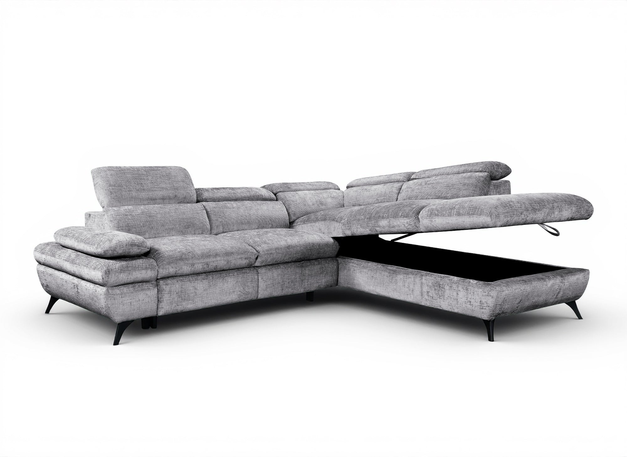 Canapé d'angle convertible avec coffre en velours chiné gris LUFY - Angle droit