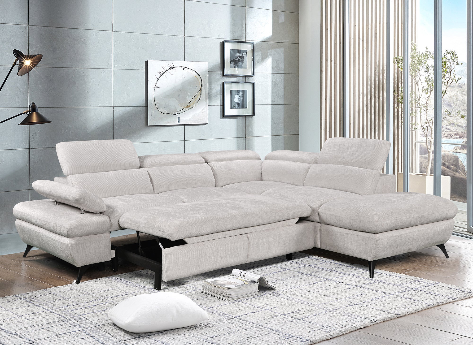 Canapé d'angle convertible avec coffre en velours chiné blanc écru LUFY - Angle droit