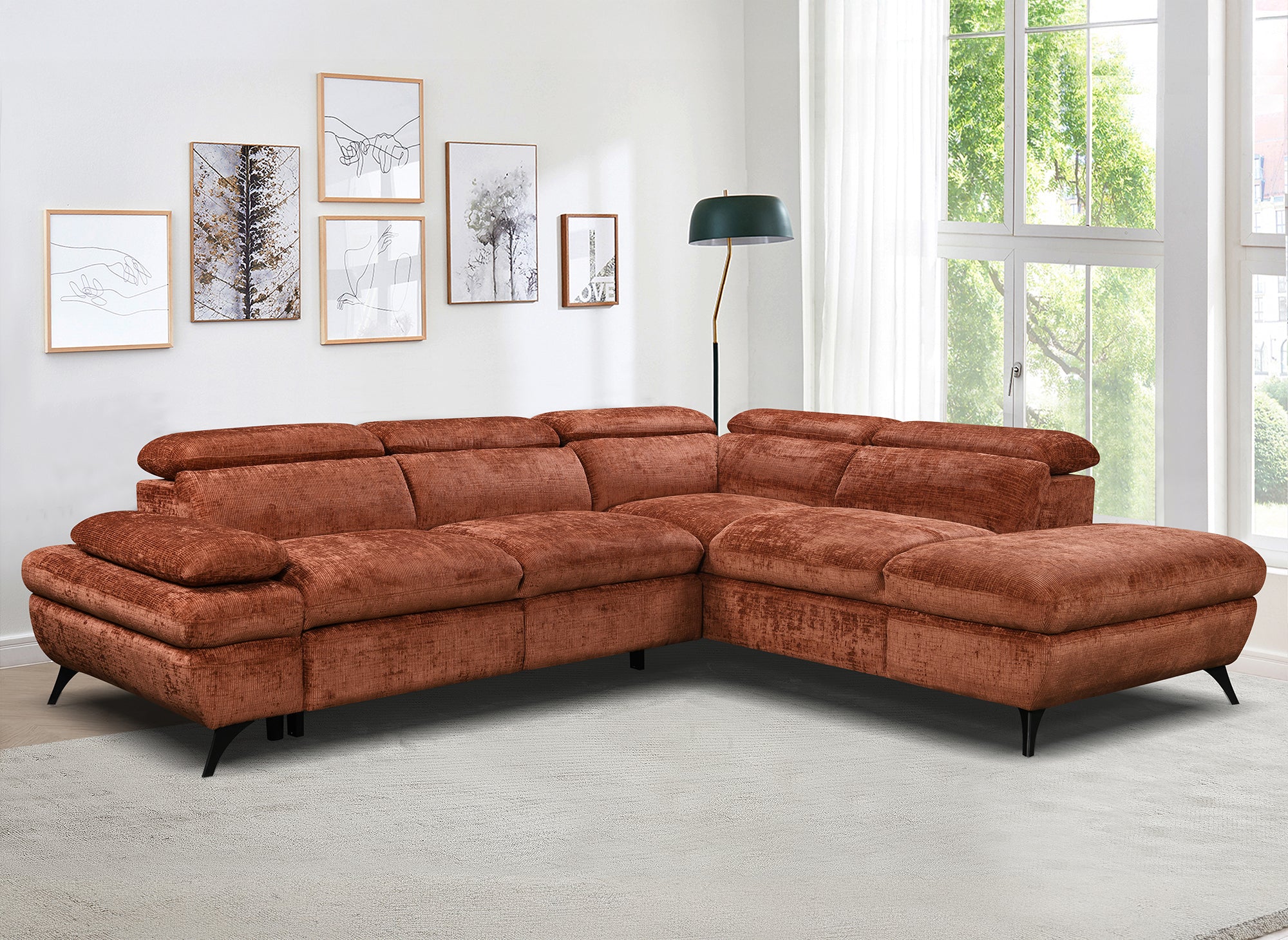 Canapé d'angle convertible avec coffre en velours chiné terracotta LUFY - Angle droit