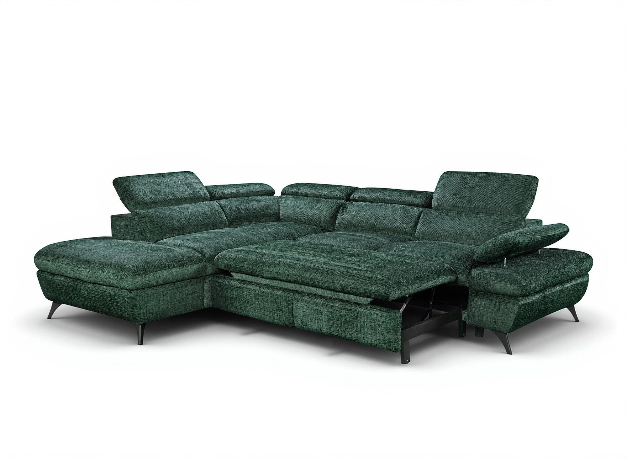 Canapé d'angle convertible avec coffre en velours chiné vert LUFY - Angle gauche
