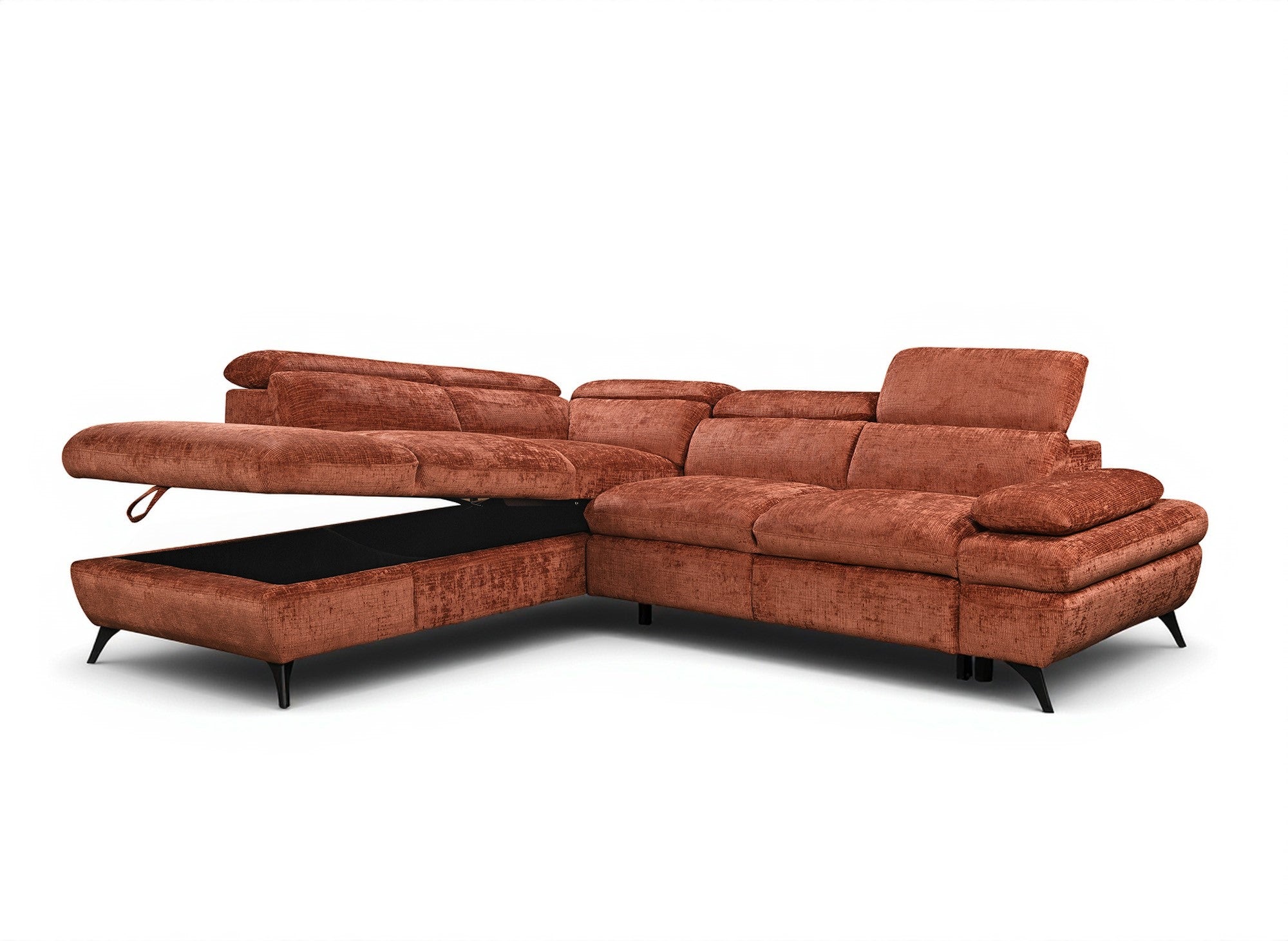 Canapé d'angle convertible avec coffre en velours chiné terracotta LUFY - Angle gauche