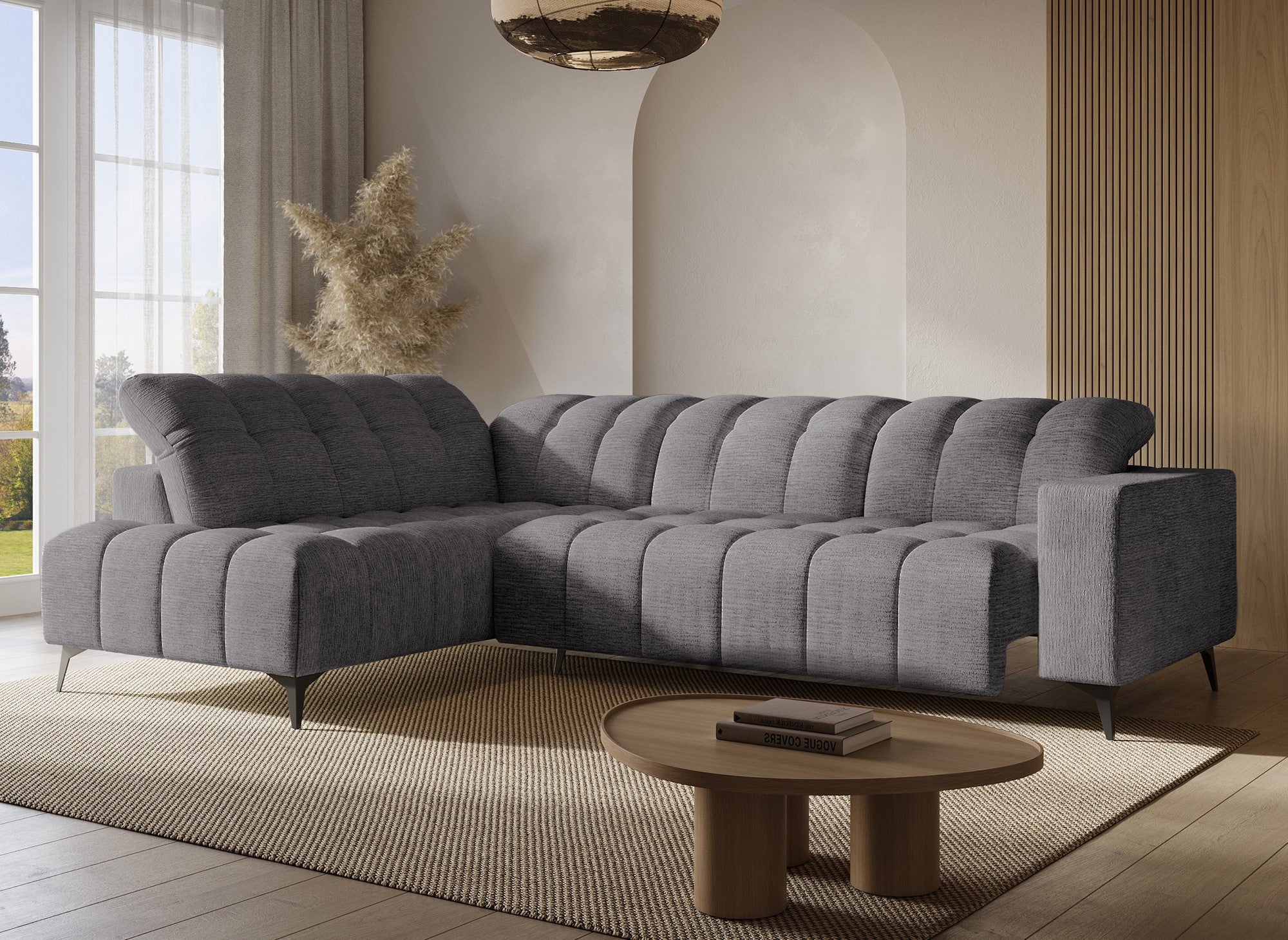 Canapé d'angle relax électrique en velours chiné gris ALVAR - Angle gauche