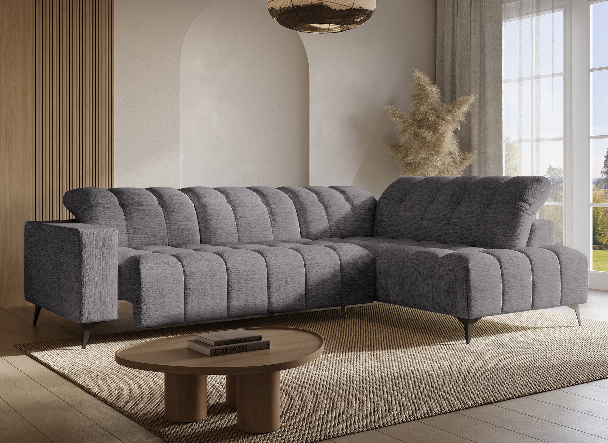 Canapé d'angle relax électrique en velours chiné gris ALVAR - Angle droit