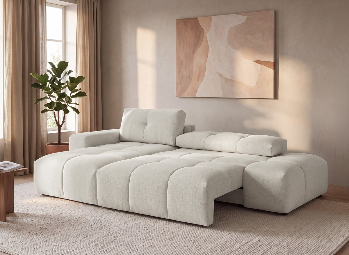 Canapé d'angle convertible avec coffre en tissu texturé beige ANGELINE - Angle gauche