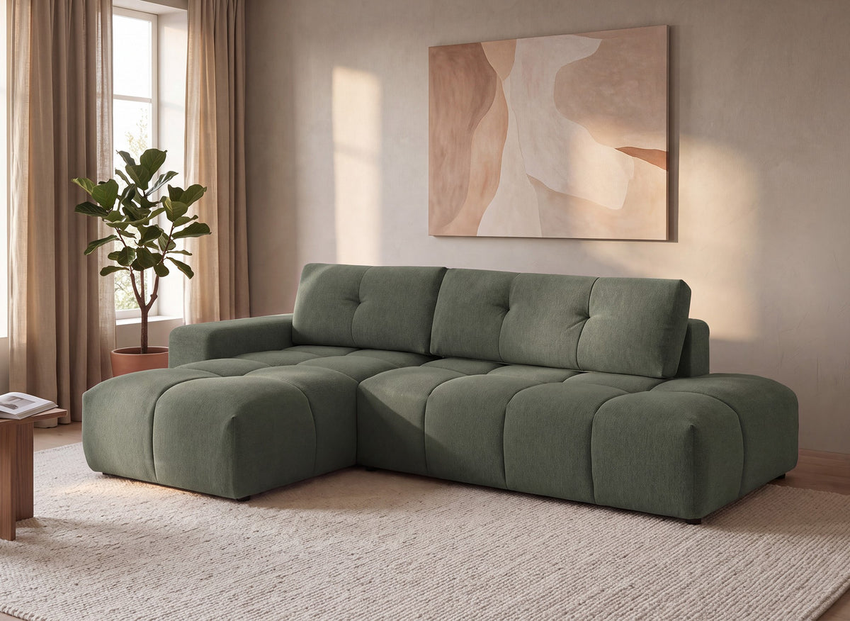 Canapé d'angle convertible avec coffre en tissu texturé vert olive ANGELINE - Angle gauche