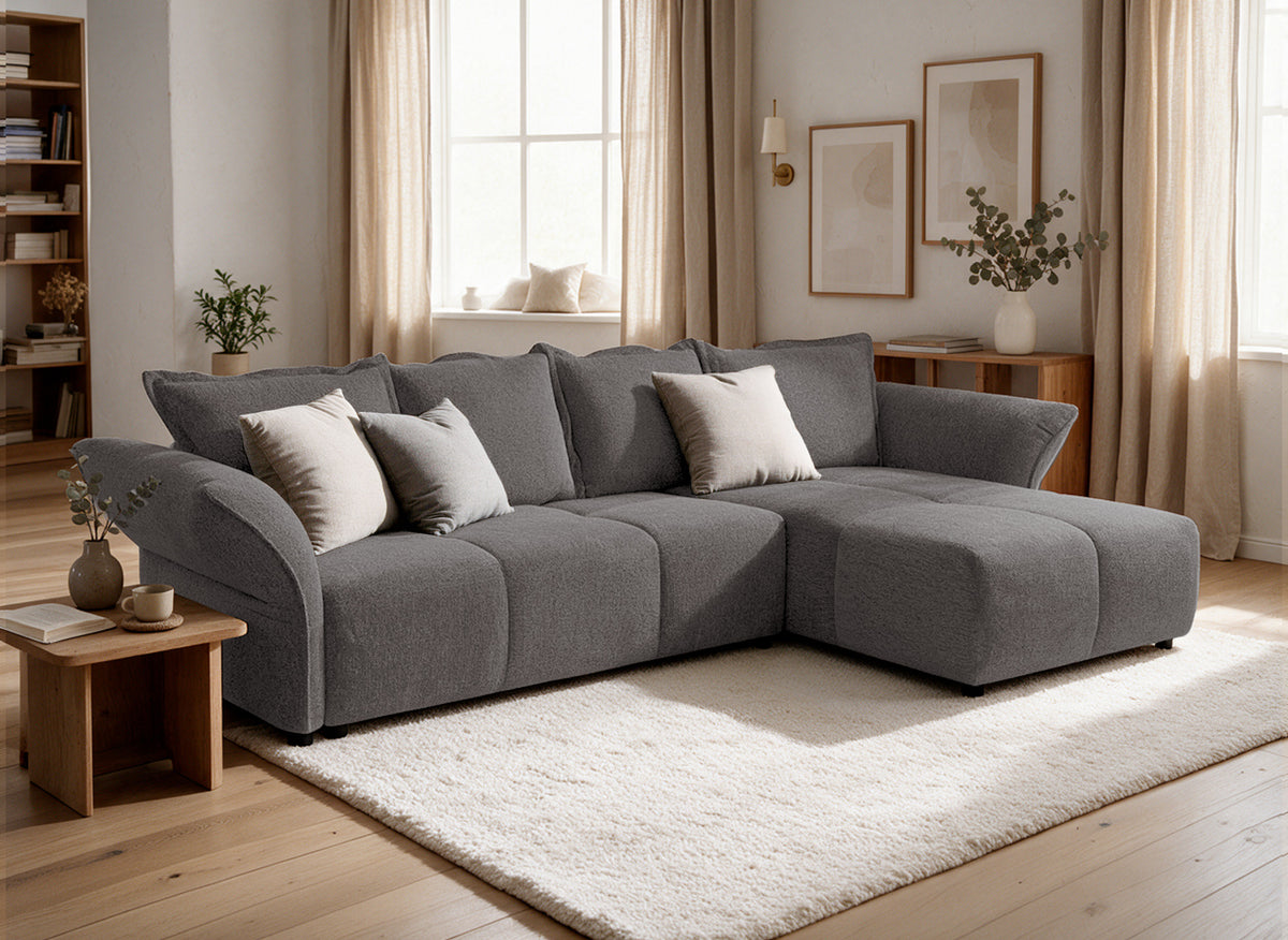 Canapé d'angle convertible réversible en velours tissé gris BELINE