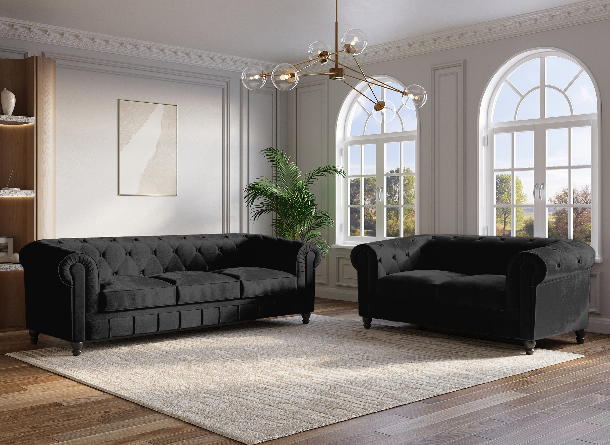 Canapé 3 places velours noir CHESTERFIELD