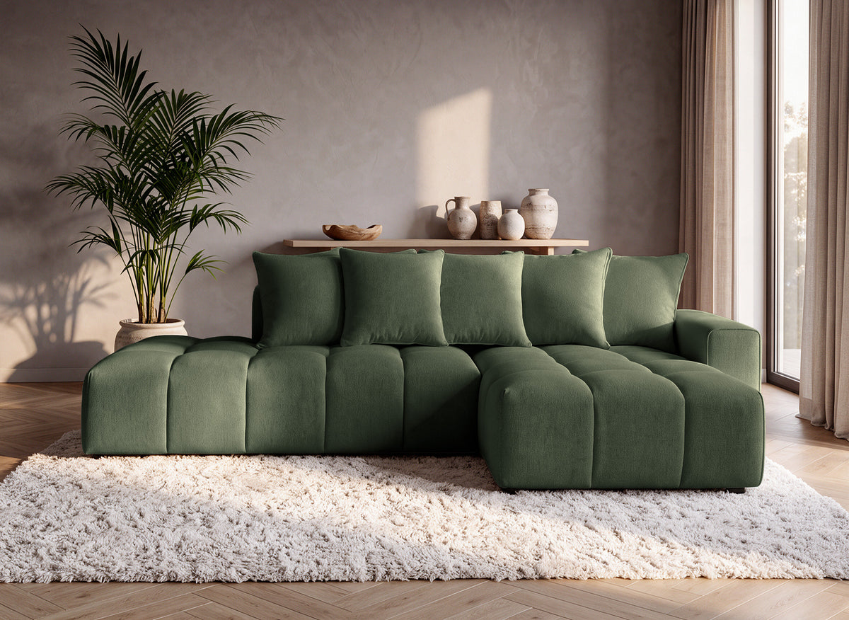 Canapé d'angle en tissu texturé vert olive CLARISSE - Angle droit