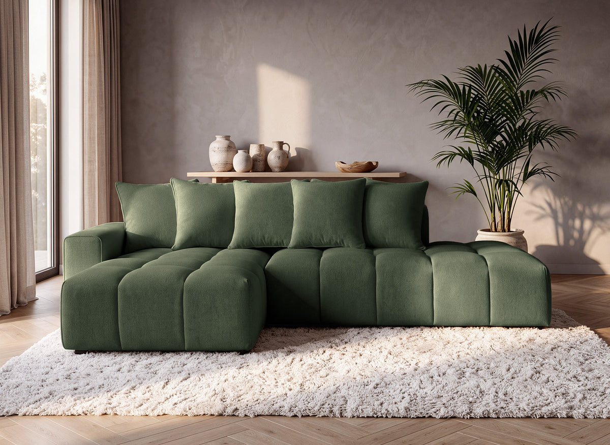 Canapé d'angle en tissu texturé vert olive CLARISSE - Angle gauche