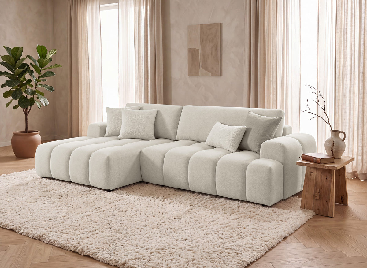 Canapé d'angle convertible avec coffre en tissu texturé beige BERENICE - Angle gauche