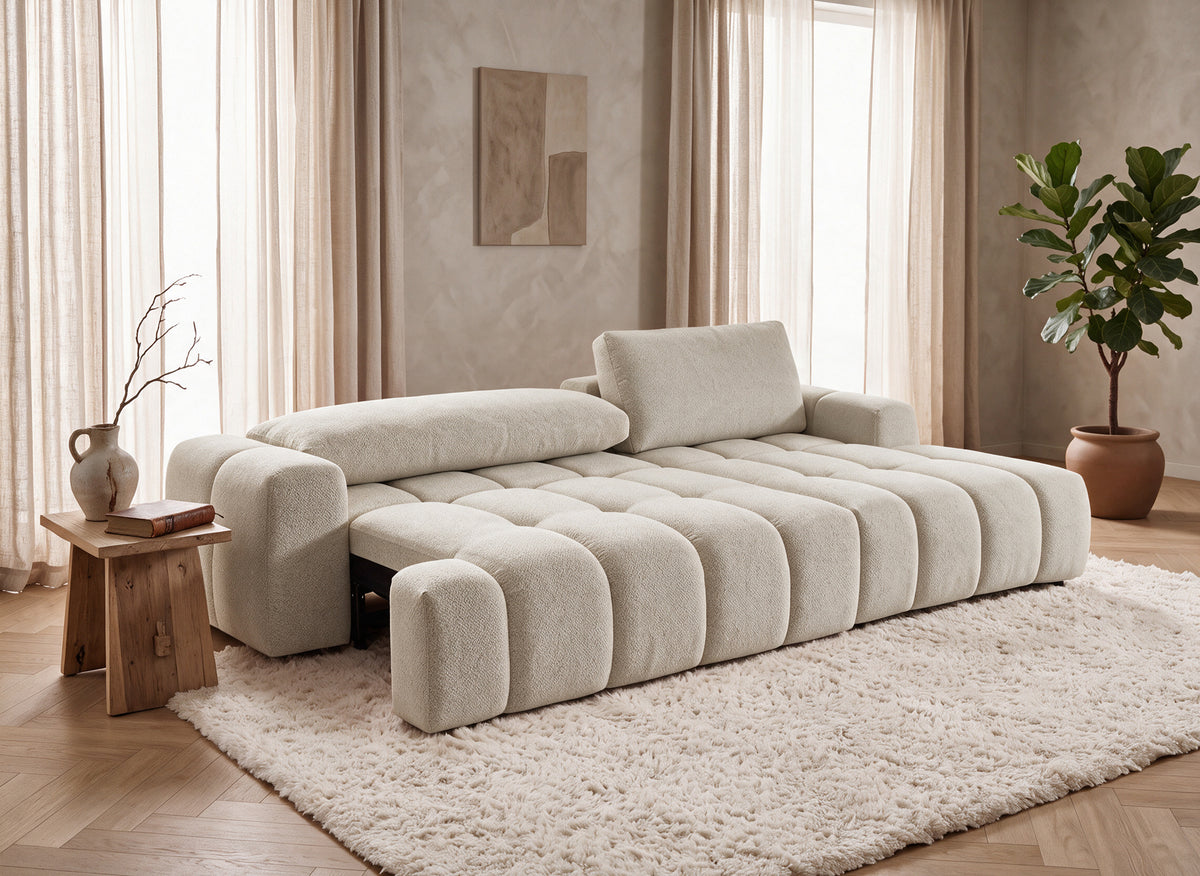 Canapé d'angle convertible avec coffre en tissu texturé beige BERENICE - Angle droit