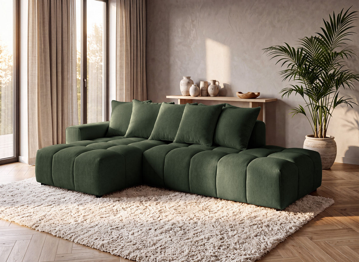 Canapé d'angle en tissu texturé vert olive CLARISSE - Angle gauche