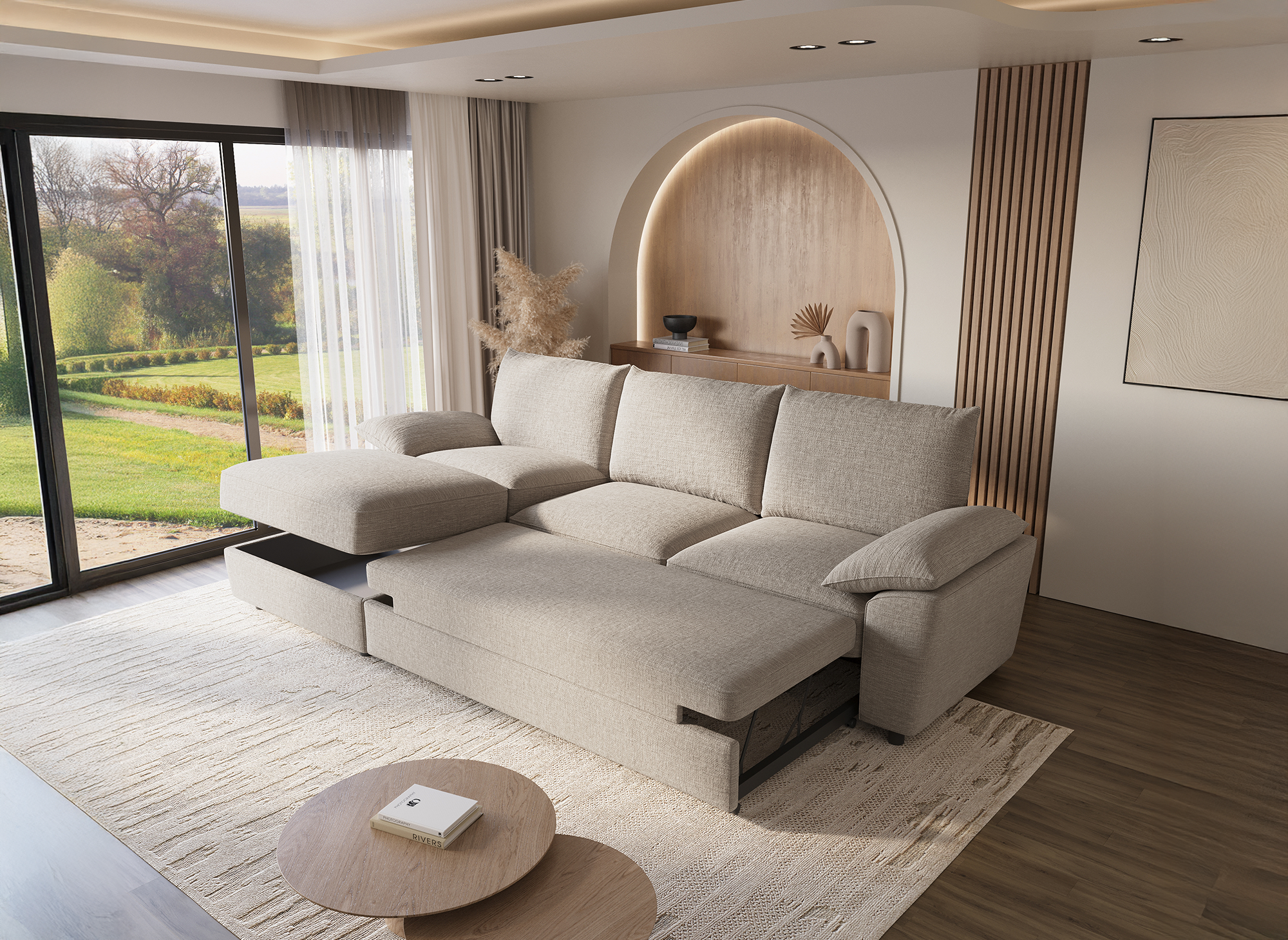 Canapé d'angle convertible avec coffre de rangement en velours chiné beige GABIN - Angle gauche