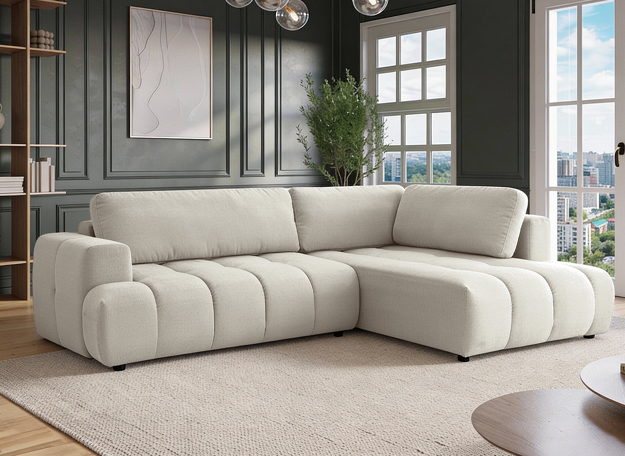 Canapé d'angle convertible avec coffre en tissu beige HAVEN - Angle droit