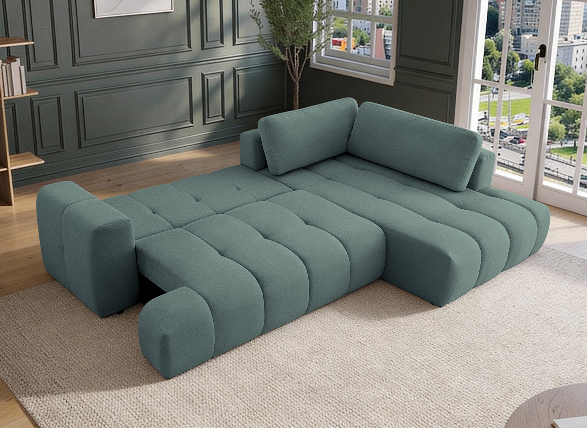 Canapé d'angle convertible avec coffre en tissu vert olive HAVEN - Angle droit