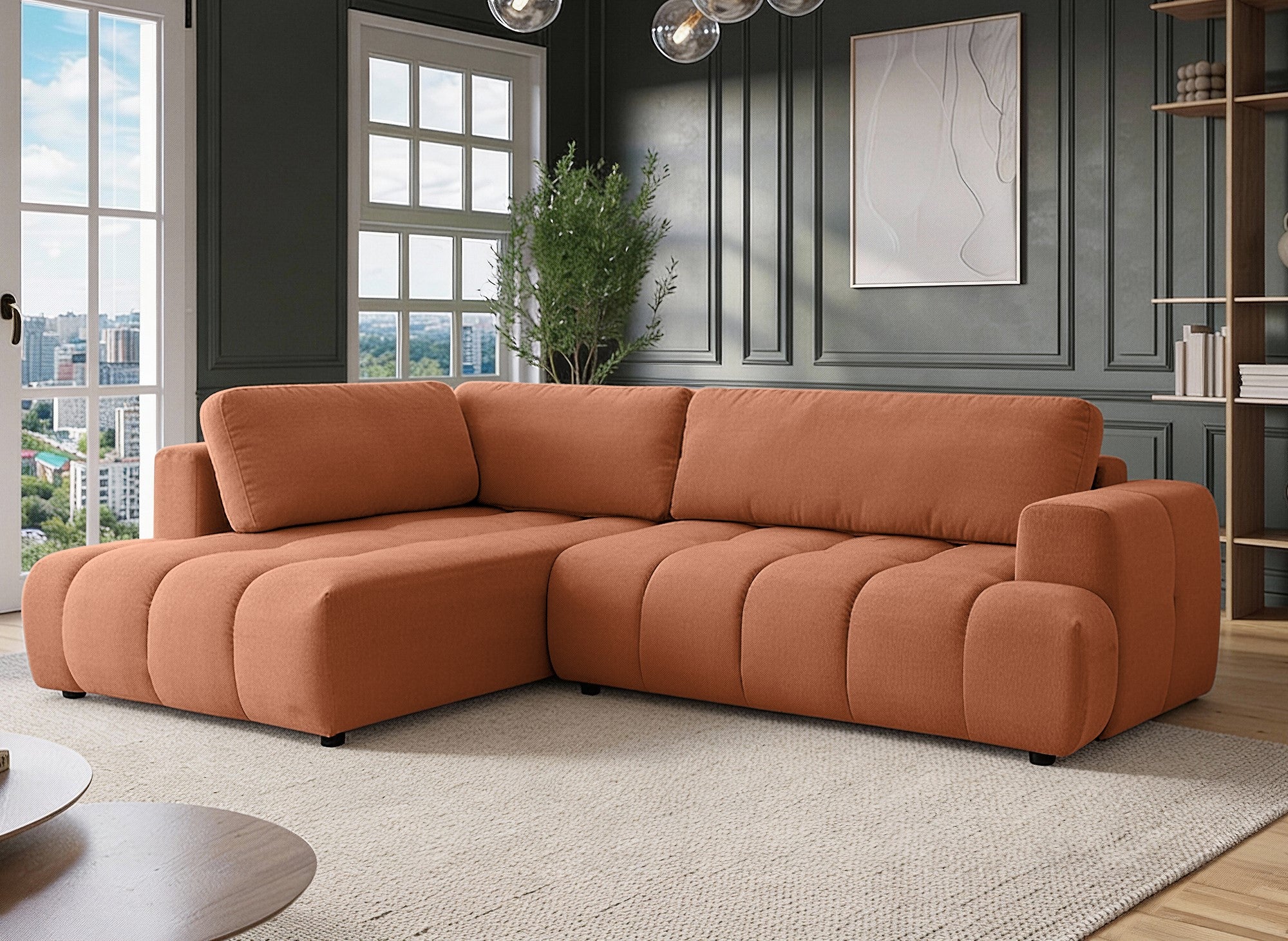 Canapé d'angle convertible avec coffre en tissu terracotta HAVEN - Angle gauche