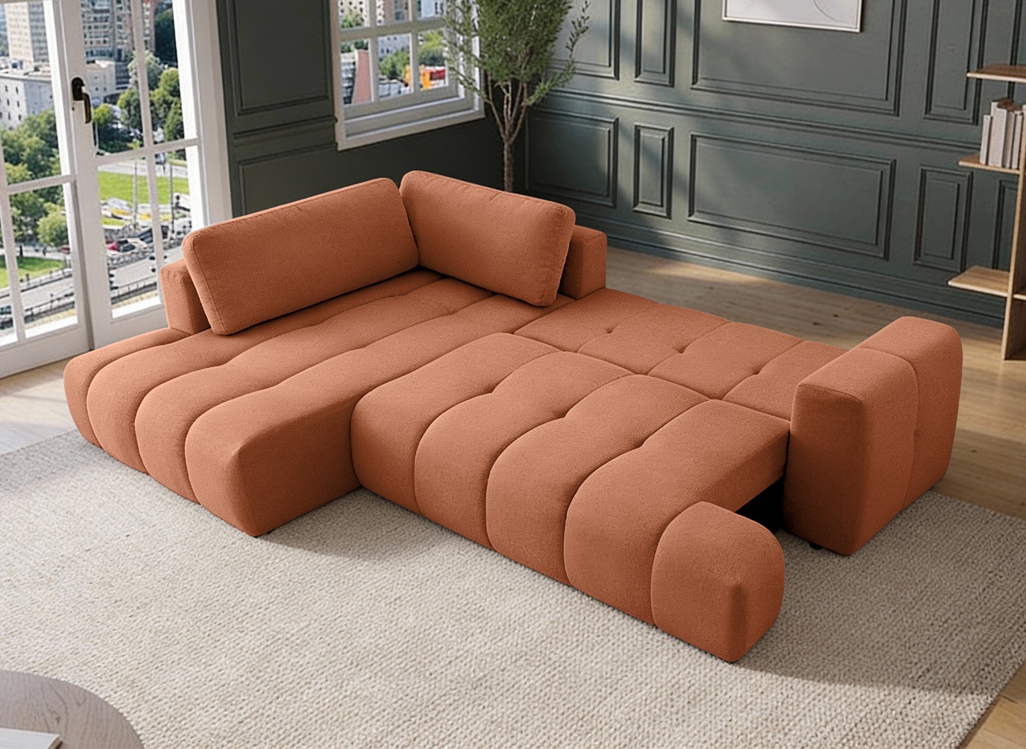 Canapé d'angle convertible avec coffre en tissu terracotta HAVEN - Angle gauche
