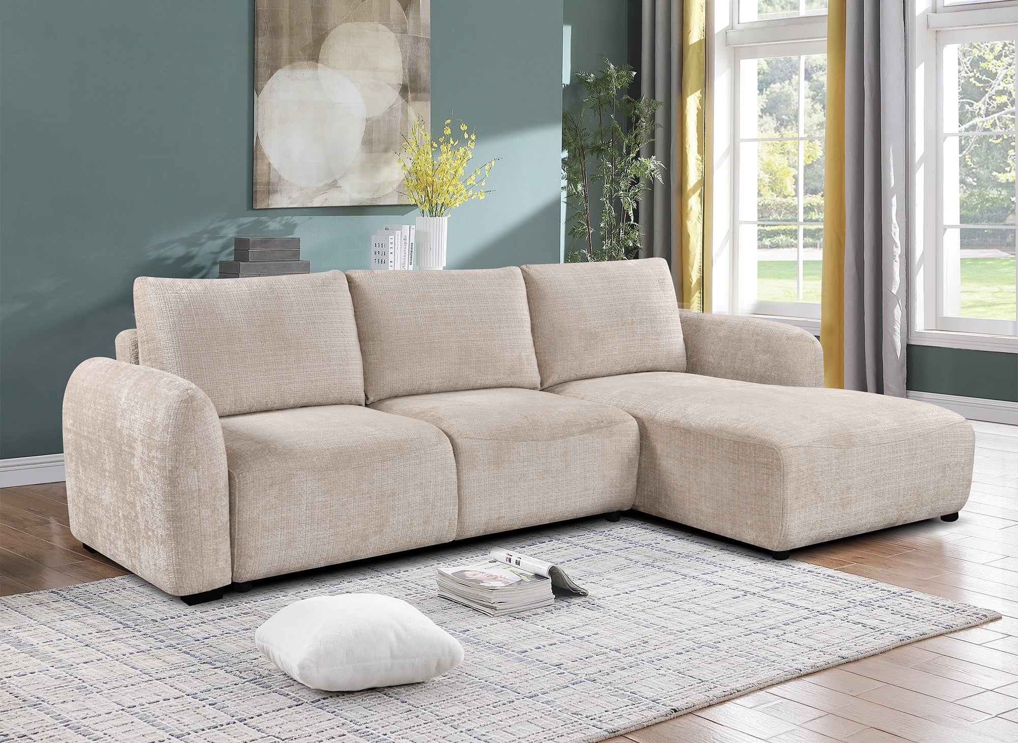 Canapé d'angle convertible avec coffre en velours chiné beige MARLA - Angle droit