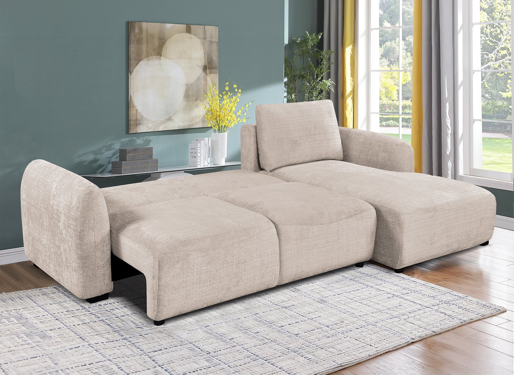 Canapé d'angle convertible avec coffre en velours chiné beige MARLA - Angle droit