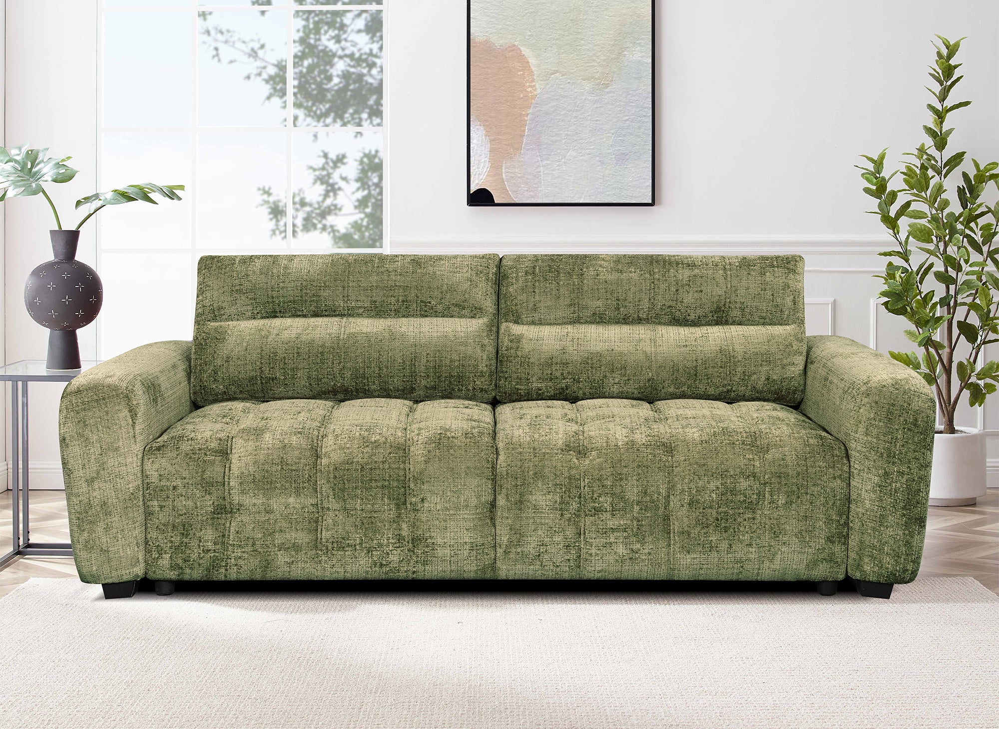 Canapé convertible avec coffre 3 places en velours chiné vert olive RALYA