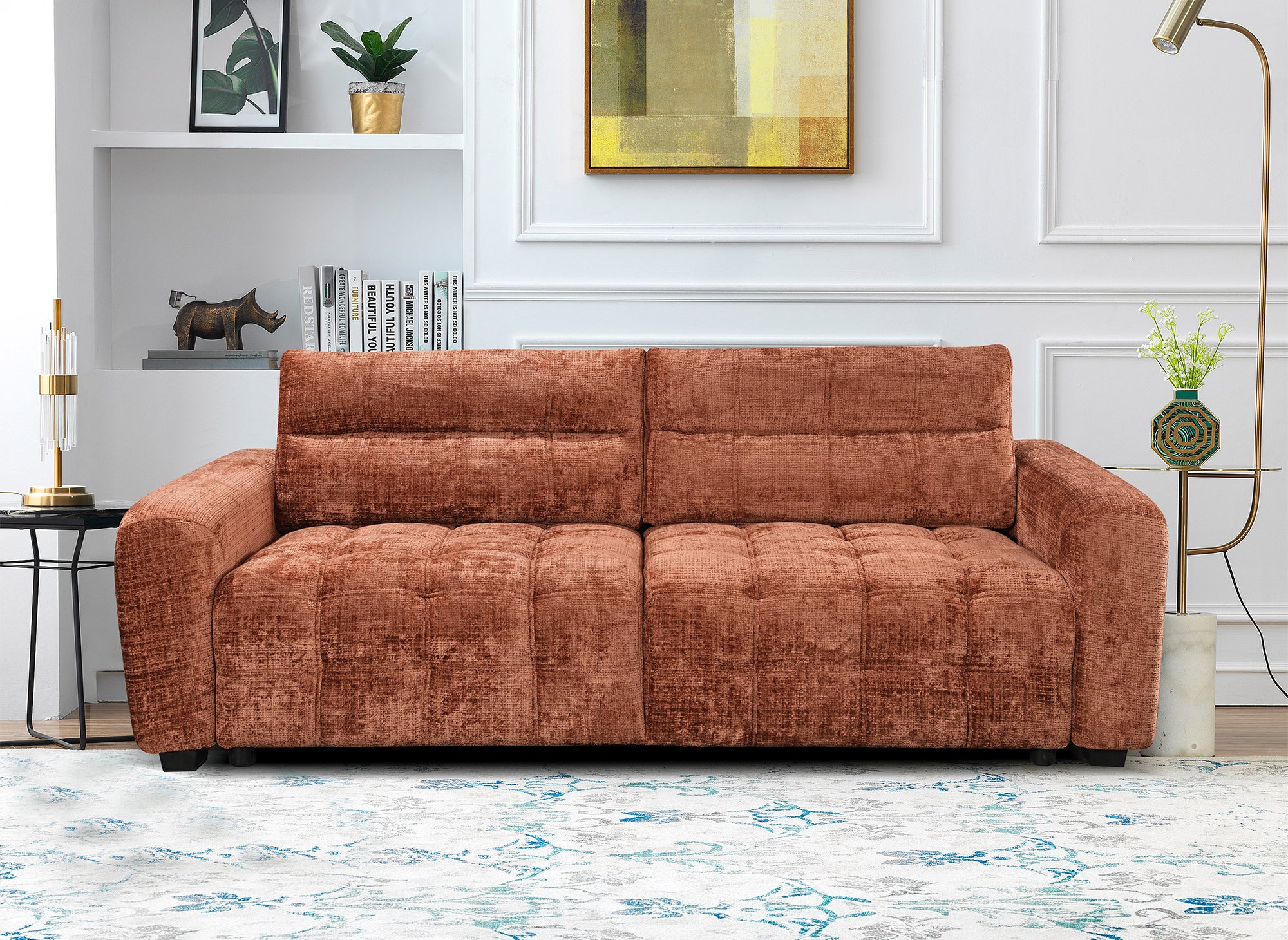 Canapé convertible avec coffre 3 places en velours chiné terracotta RALYA