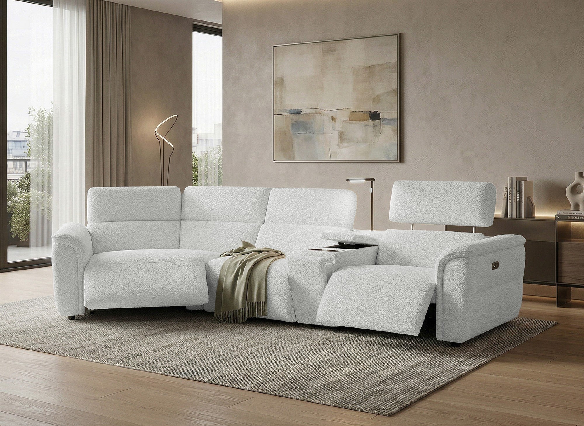 Canapé d'angle relax en tissu bouclette doux beige MARINA - Angle gauche