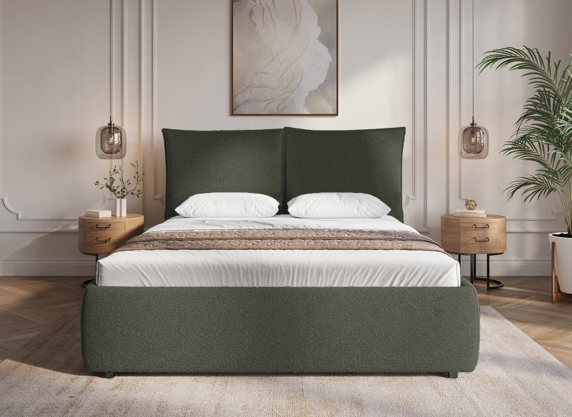 Lit coffre en tissu bouclette vert olive 160x200 cm MELY