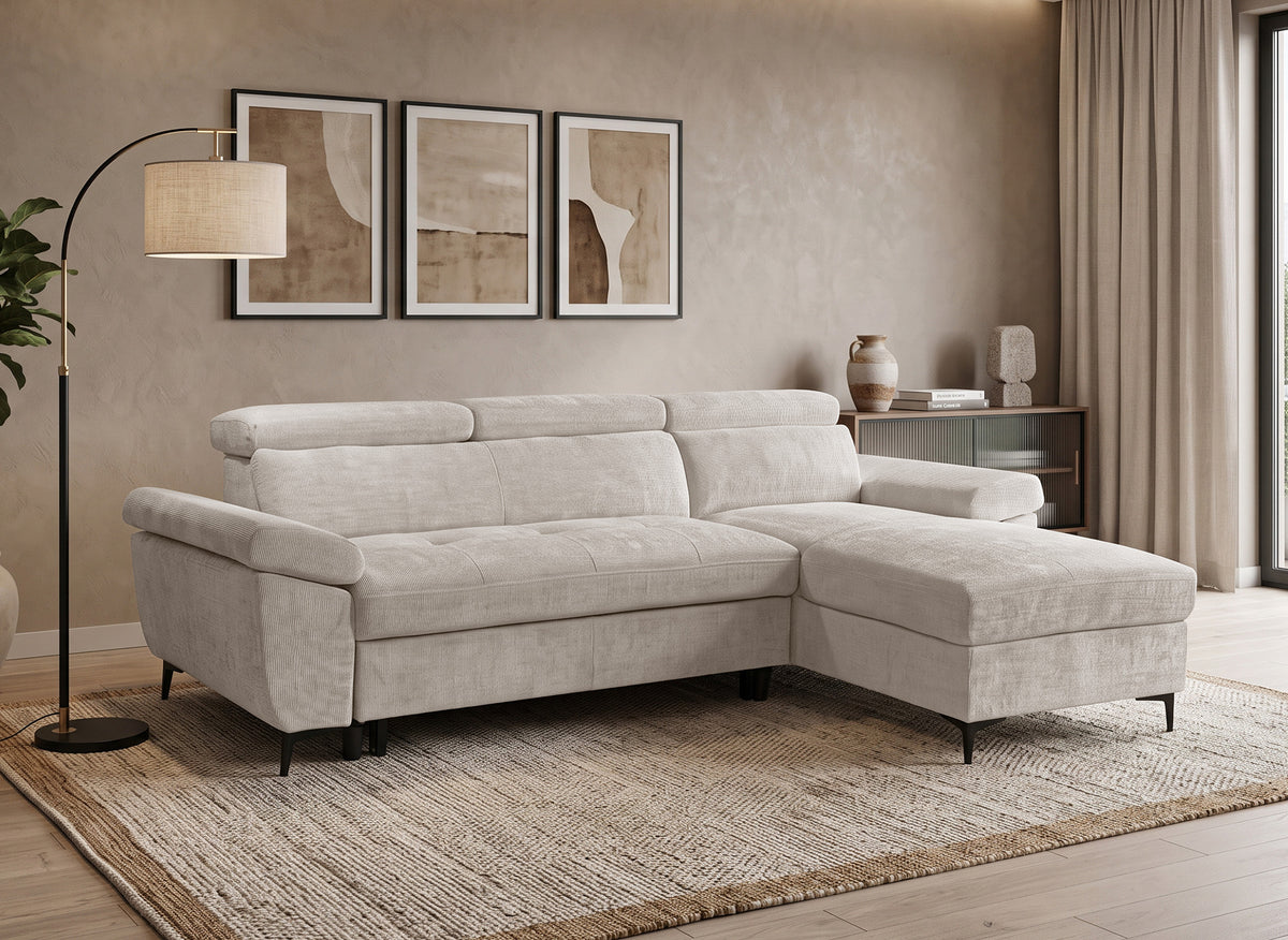 Canapé d'angle convertible en velours chiné beige MONICA - Angle droit