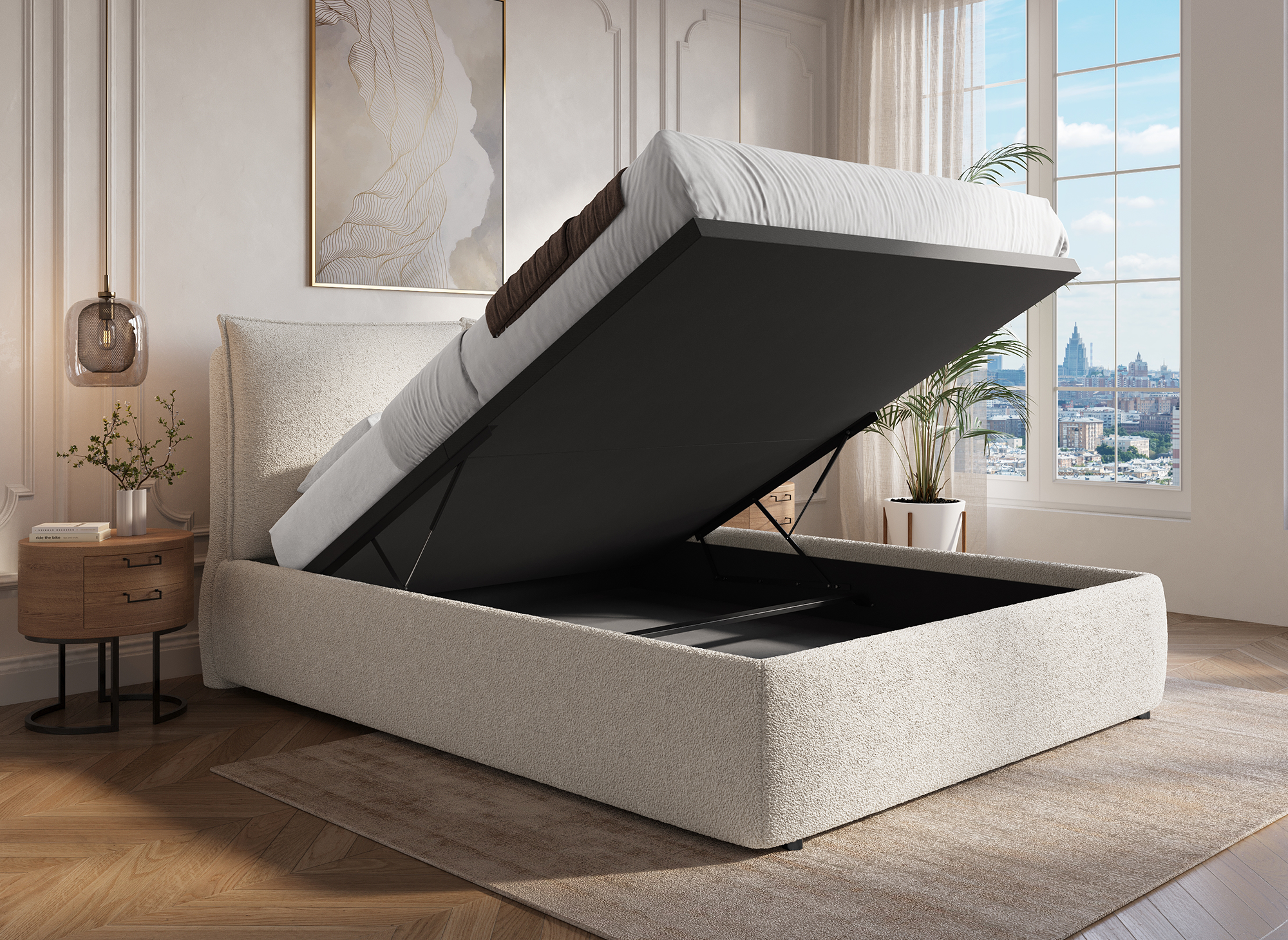 Lit coffre en tissu bouclette beige 180x200 cm MELY