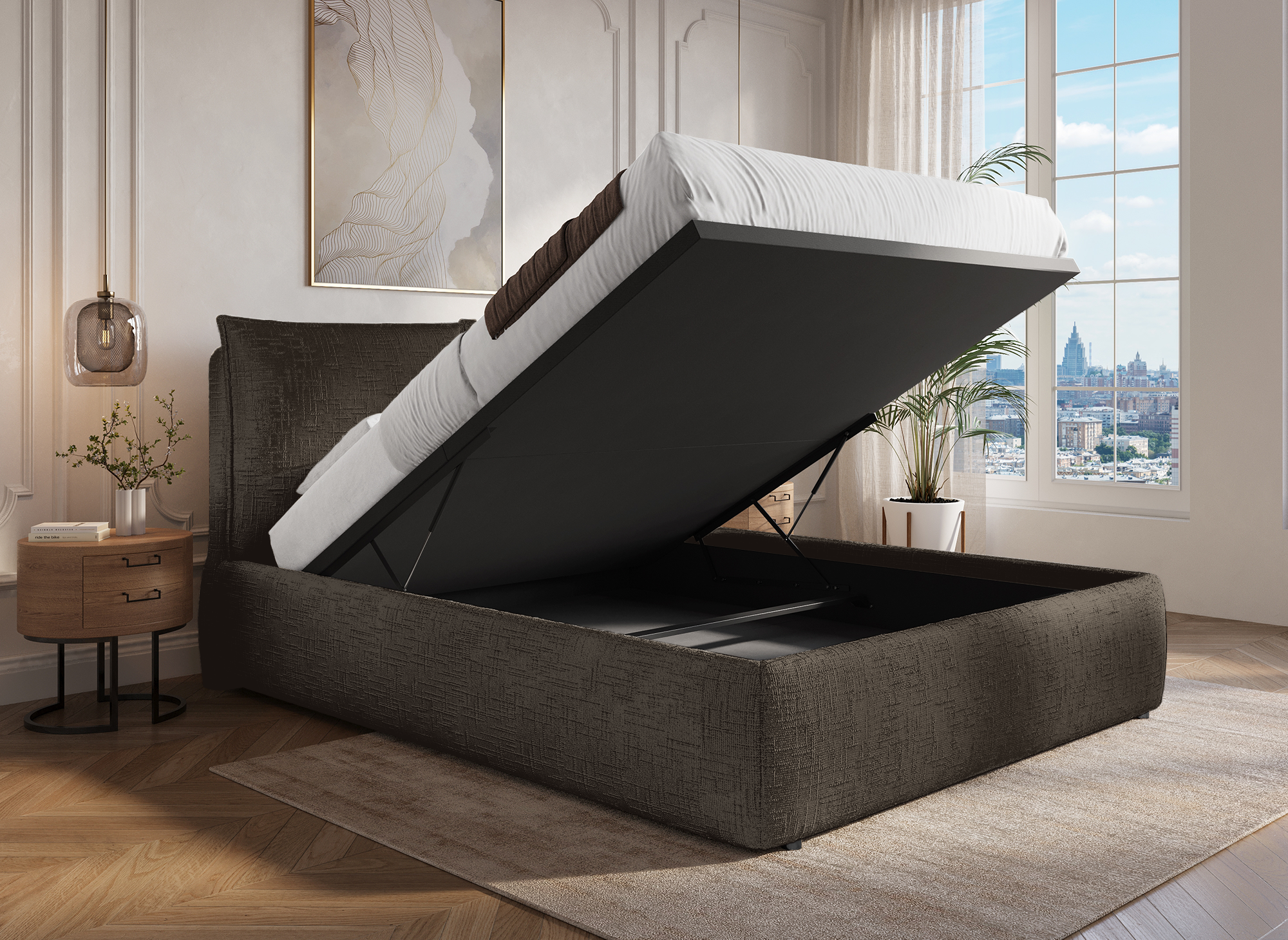 Lit coffre en velours chiné marron 180x200 cm MELY