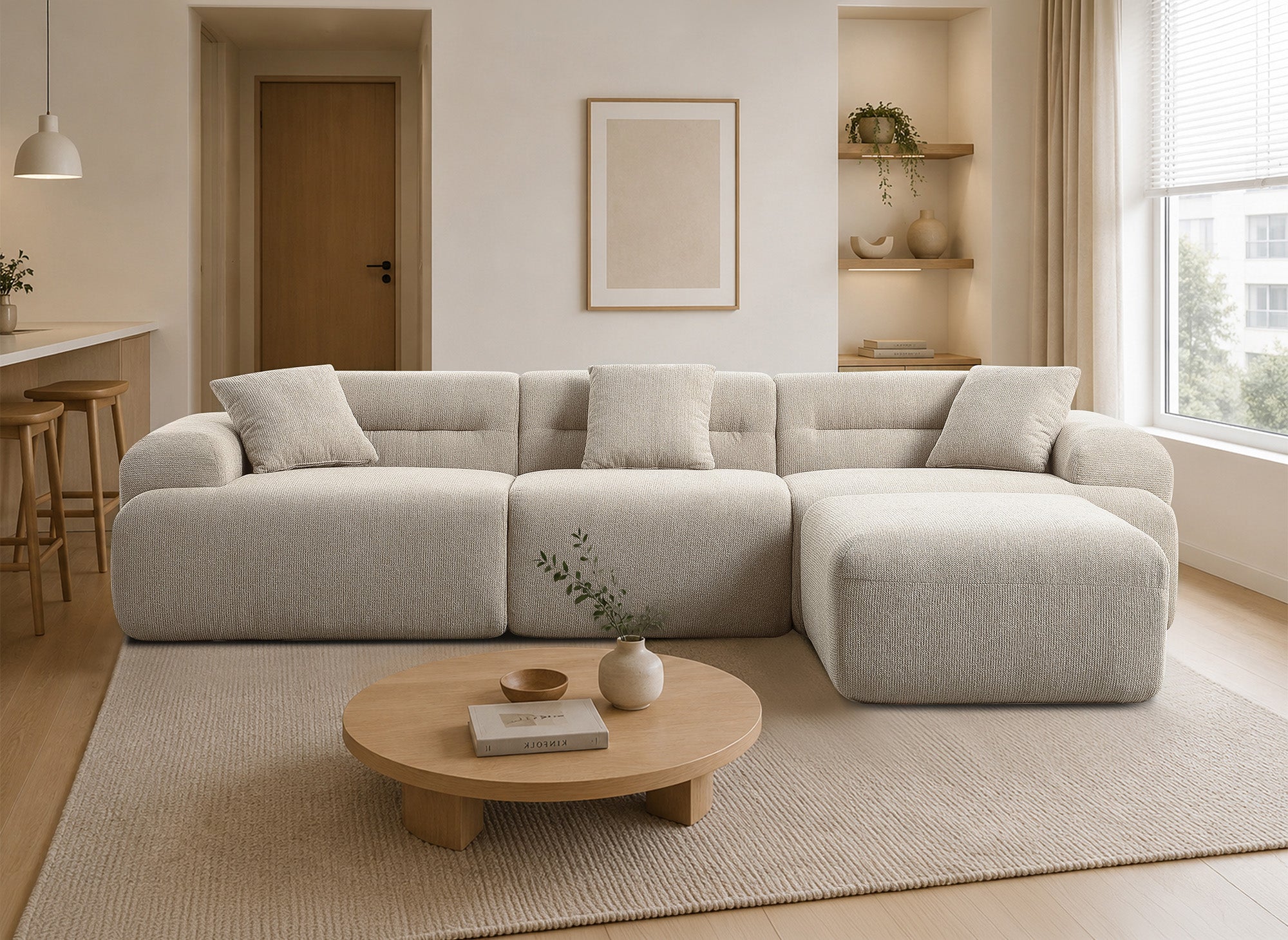 Canapé droit 3 places + pouf en tissu texturé beige SAKURA