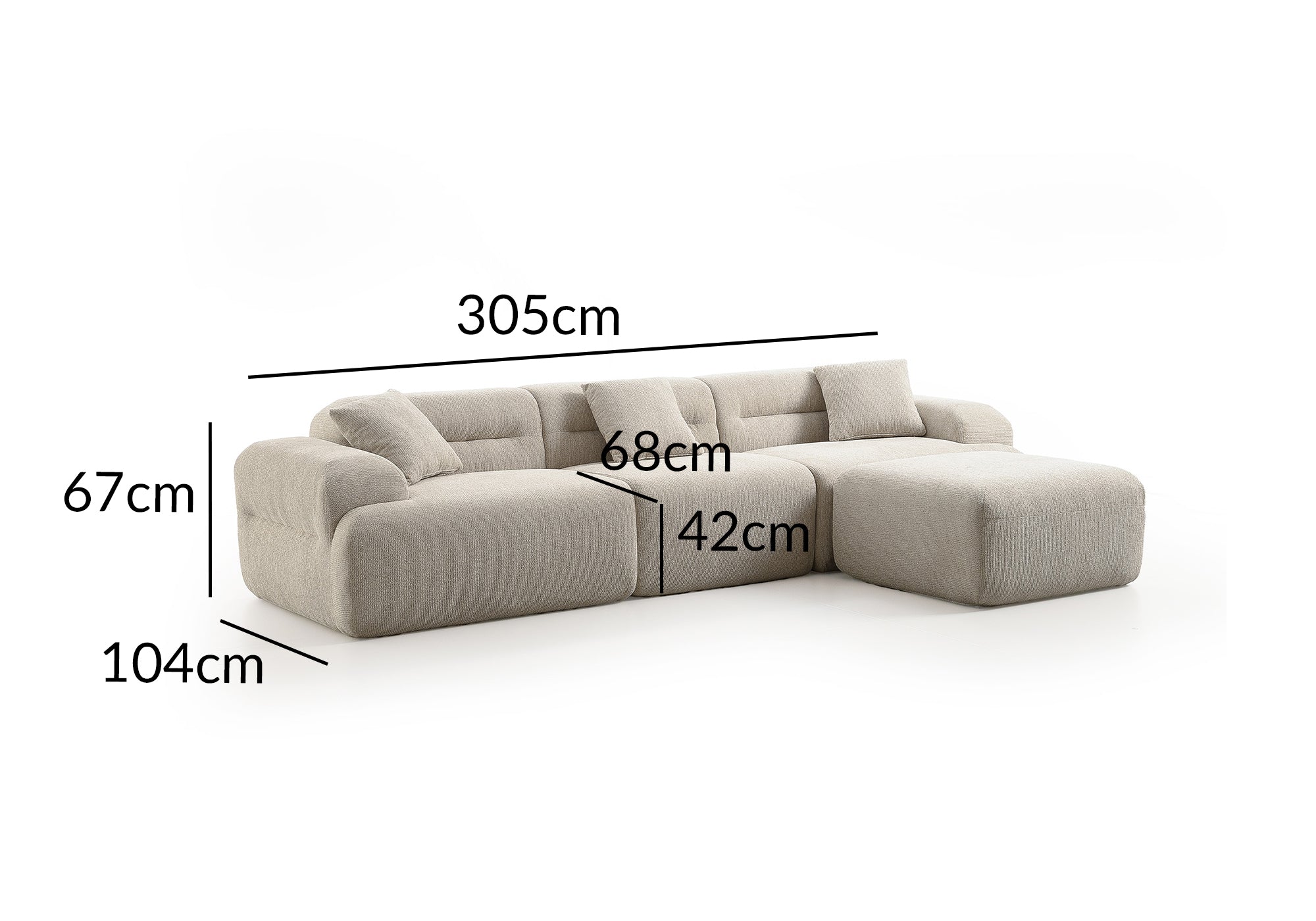 Canapé droit 3 places + pouf en tissu texturé beige SAKURA