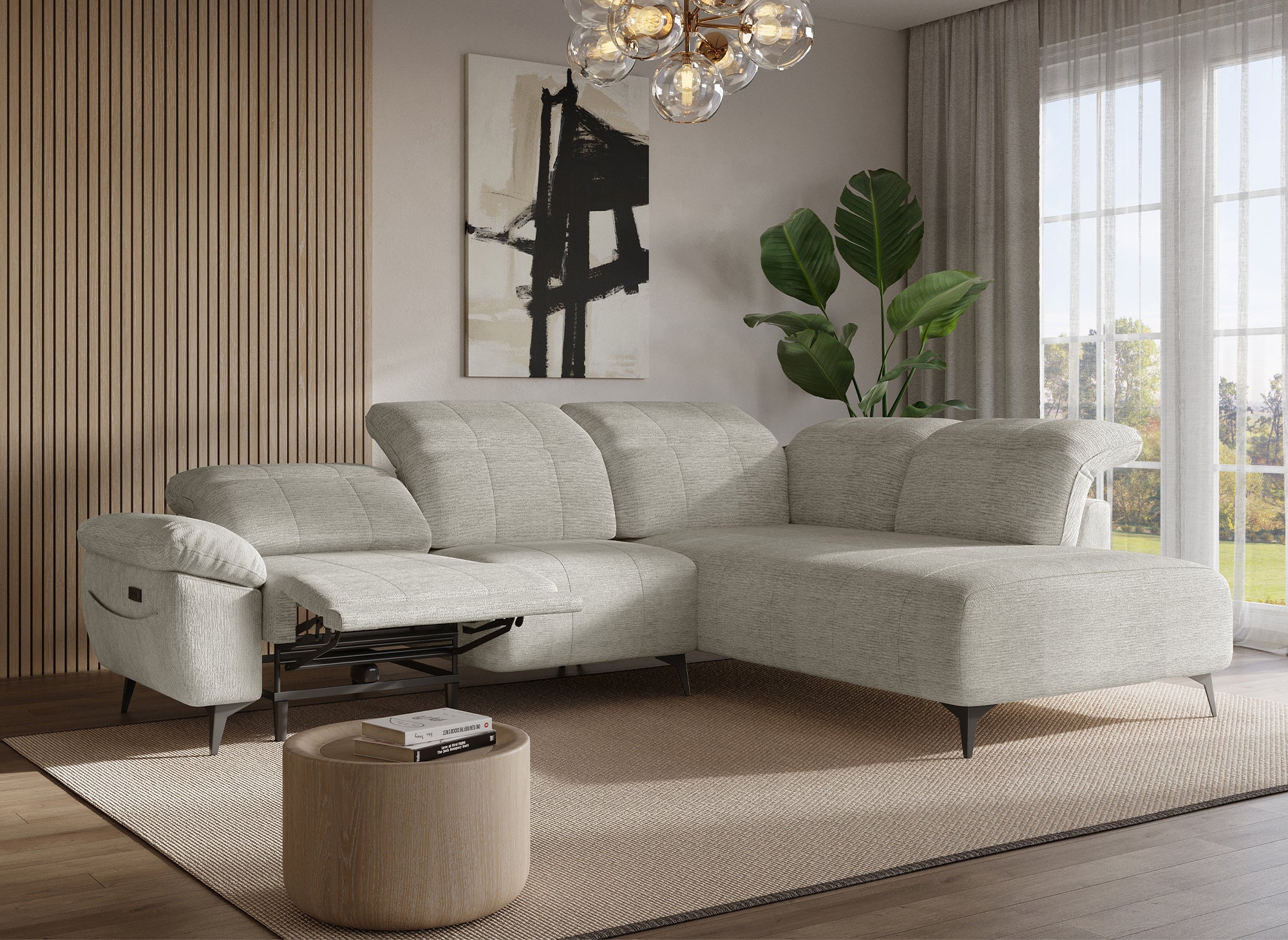 Canapé d'angle relax électrique en velours chiné beige SOLINA - Angle droit