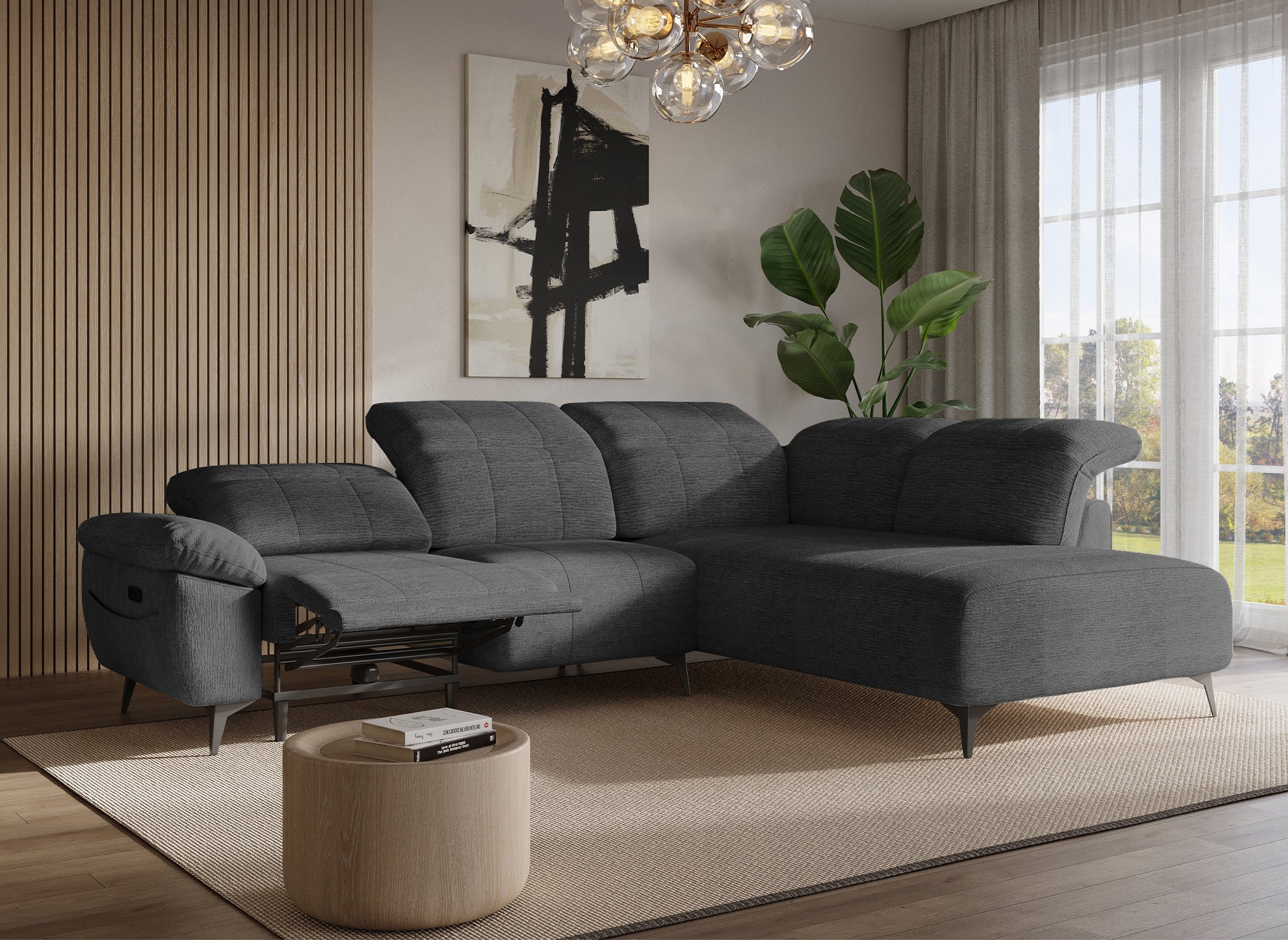 Canapé d'angle relax électrique en velours chiné gris SOLINA - Angle droit