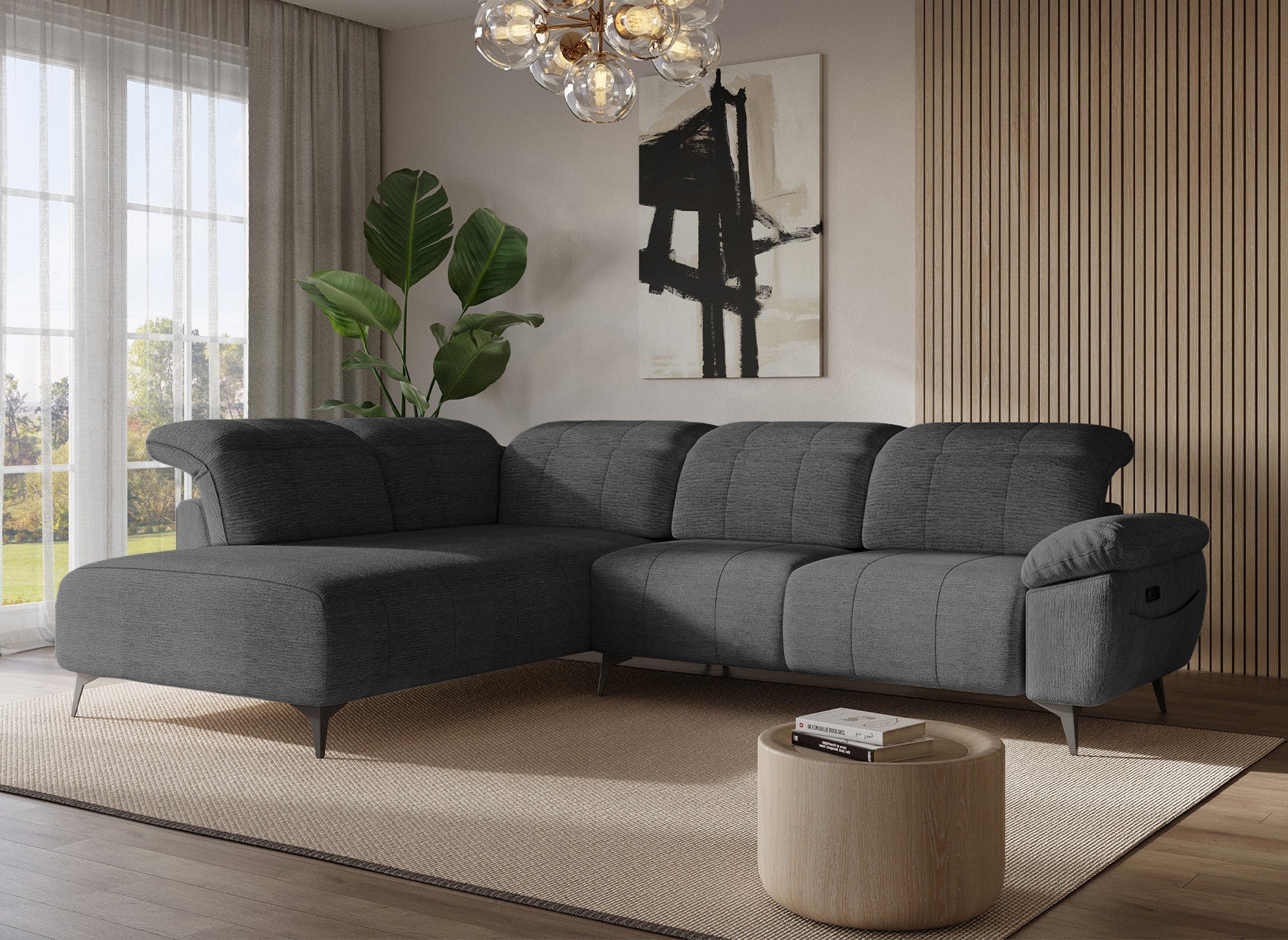 Canapé d'angle relax électrique en velours chiné gris SOLINA - Angle gauche