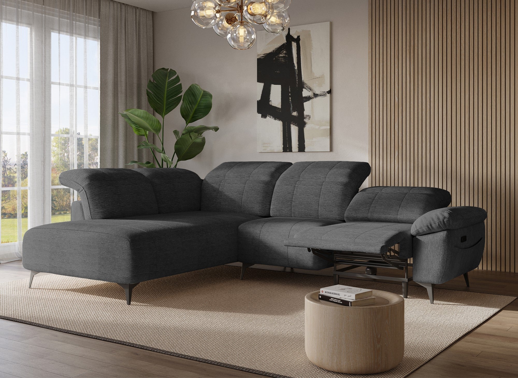 Canapé d'angle relax électrique en velours chiné gris SOLINA - Angle gauche